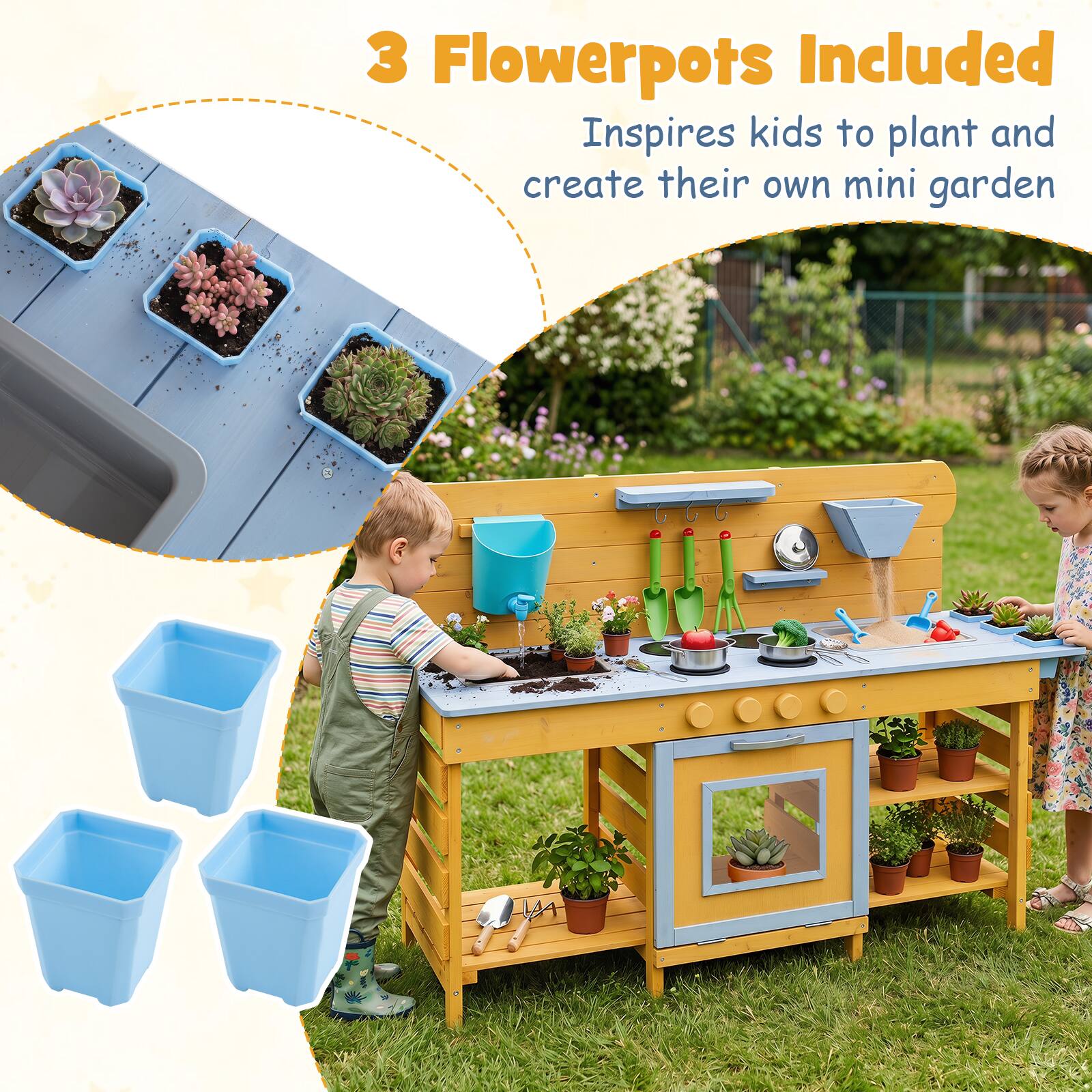 3 Flowerpots Included  
Inspires kids to plant and create their own mini garden