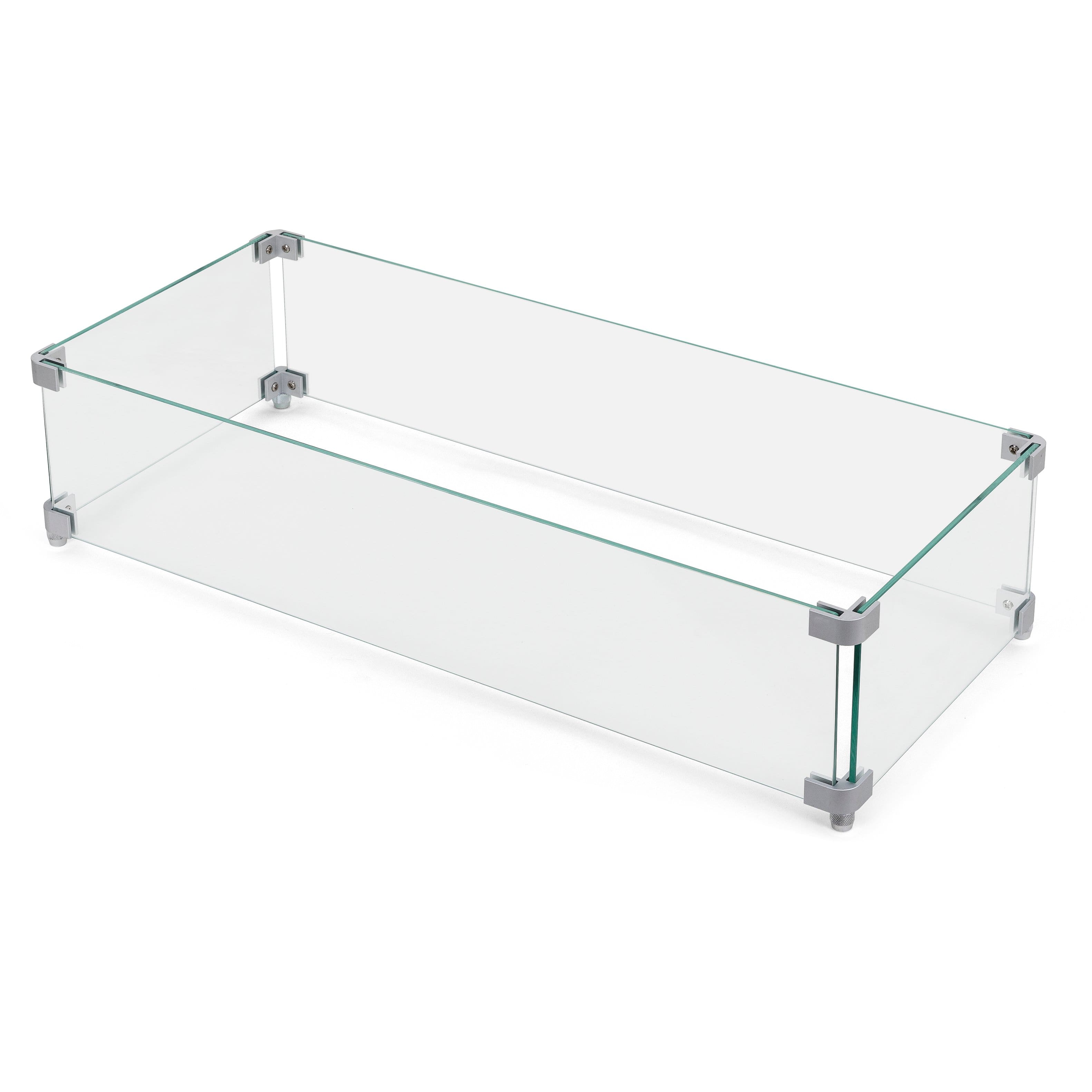Nuu Garden - Rectangular Fire Pit Wind Guard, Tempered Glass with Polished Aluminum Brackets - Transparent