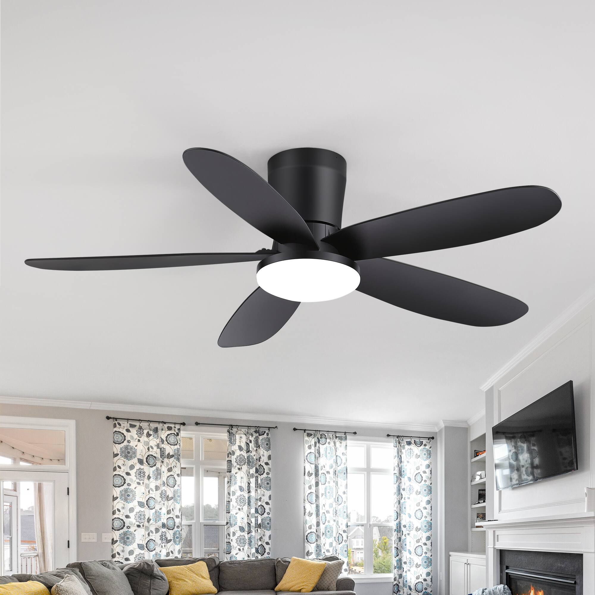 Angle. Breezary - 42-Inch Modern Ceiling Fan with Acrylic Shade, Dimmable LED Light, 3 CCT, 6-Speed Remote, Timer, Flush Mount, ABS Blades - 42-Inch Black Ceiling Fan.