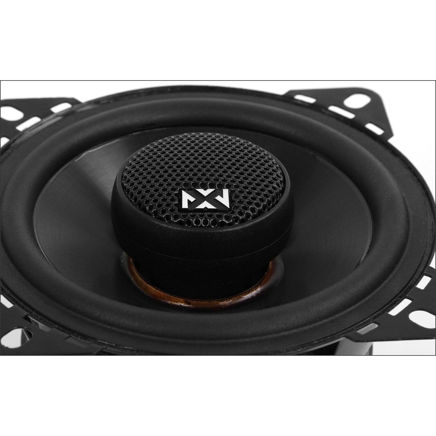 Alt View 1. NVX - VSP4 450W Peak (150W RMS) 4in V-Series 2-Way Coaxial Car Speakers with Silk Dome Tweeters.