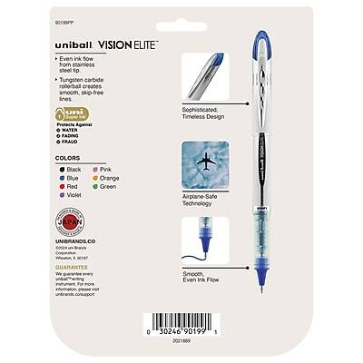**Uniball Vision Elite**

- Even ink flow from stainless steel tip
- Tungsten carbide rollerball creates smooth, skip-free lines
- Protects against:
  - Water
  - Fading
  - Fraud

**Colors:**
- Black
- Blue
- Red
- Violet
- Pink
- Orange
- Green

**Features:**
- Sophisticated, Timeless Design
- Airplane-Safe Technology

**Guarantee:**
- Smooth, Even Ink Flow

**Details:**
- JAPAN UNIBRANDS.CO
- 0 30246 90199 2021889

**Barcode:**
- 0 30246 90199 2