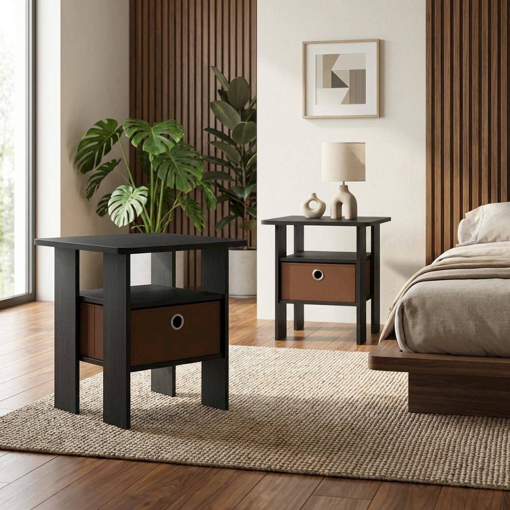 Left. FurniFact - Engineered Wood nightstand set with bin drawer in Americano finish - Brown.