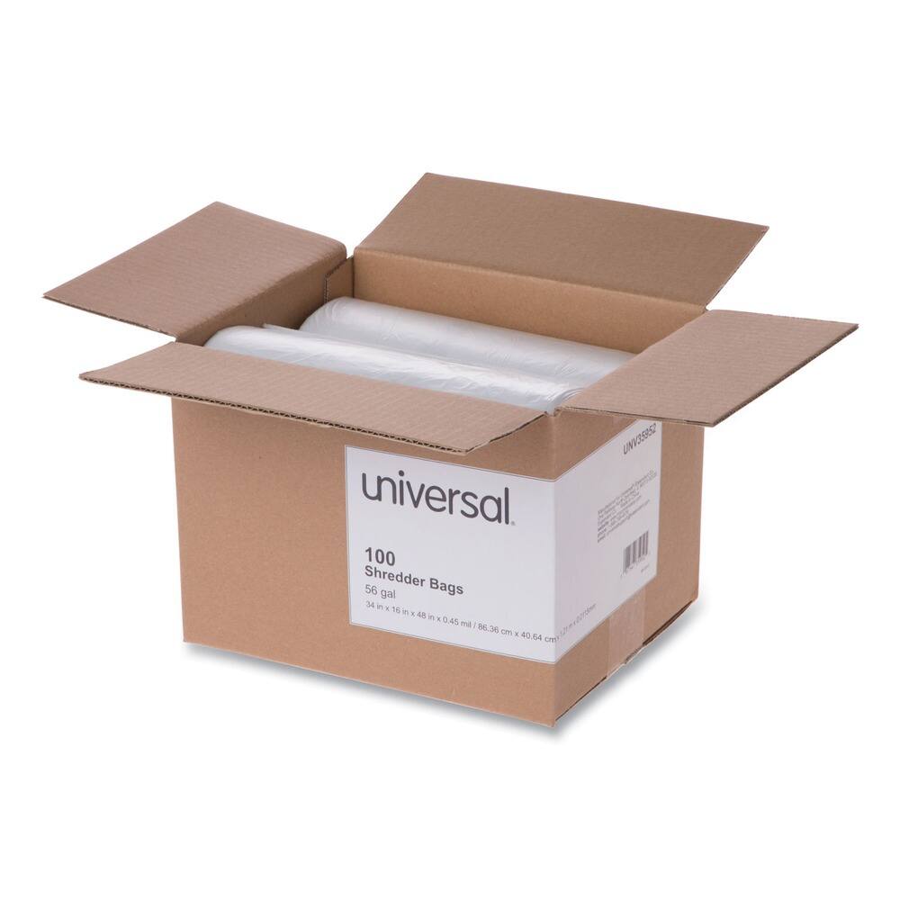 universal  
100 Shredder Bags  
56 gal  
34 in x 16 in x 48 in x 0.045 mil / 86.36 cm x 40.64 cm x 121.92 cm