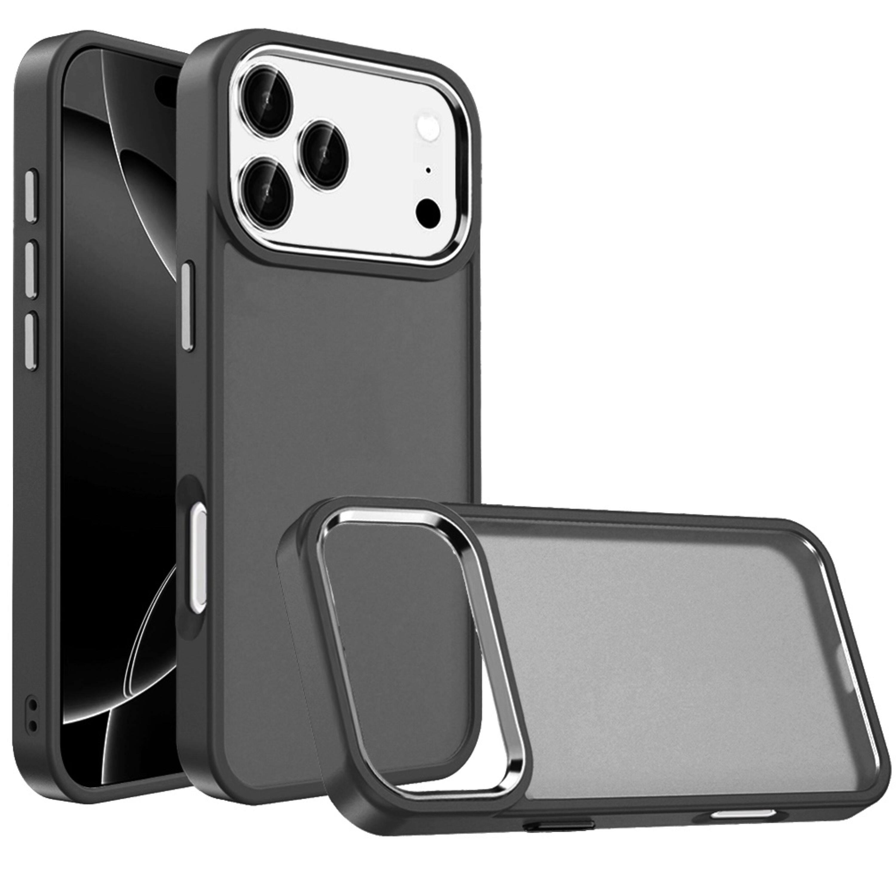 Front. Kitcheniva - Premium Thick Acrylic Metal Button Case With Tempered Glass For iPhone 17 Pro Black - Black.