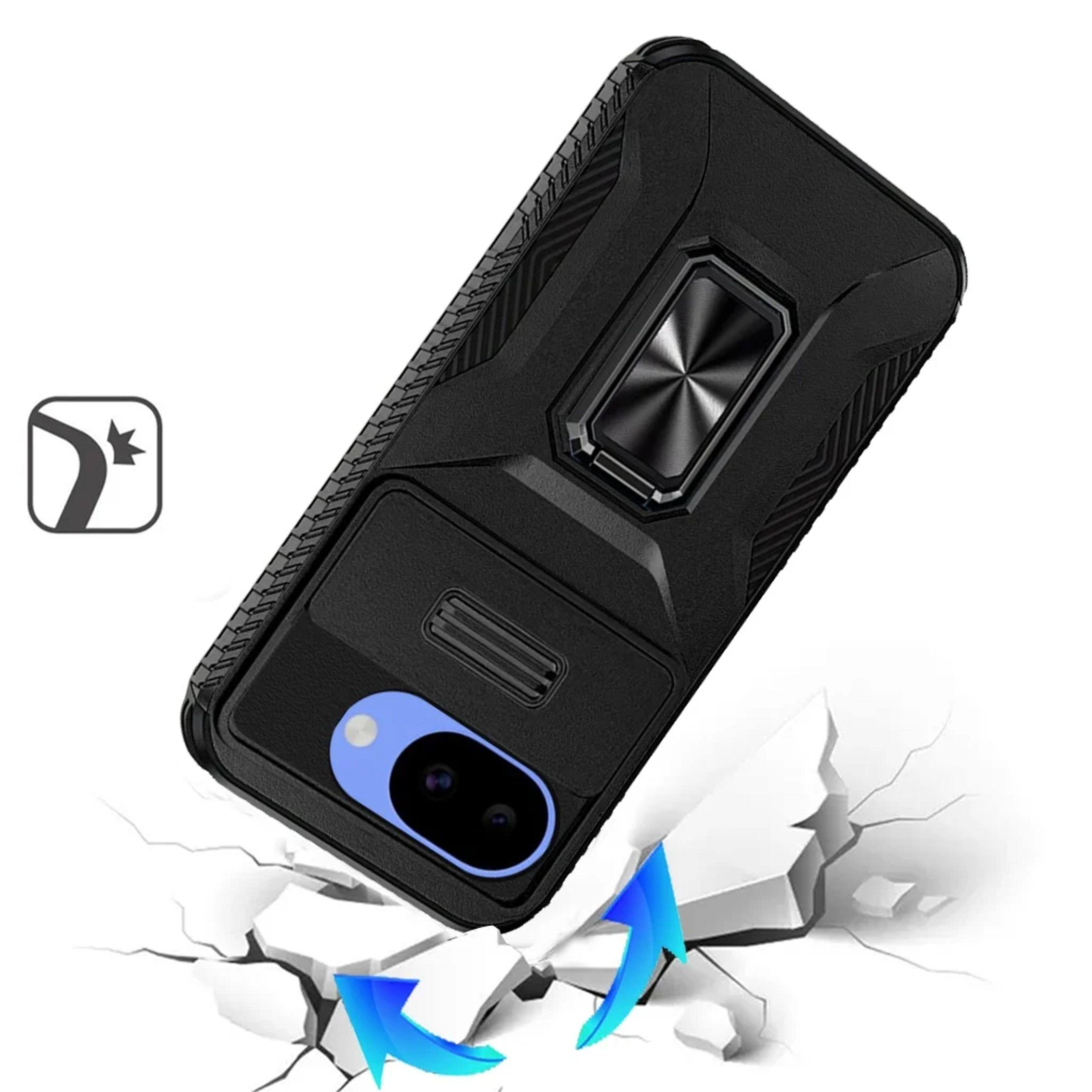 Left. Kitcheniva - Full Coverage Metal Stand Lens Cover Phone Case With Tempered Glass For Google Pixel 10a Black - Black.