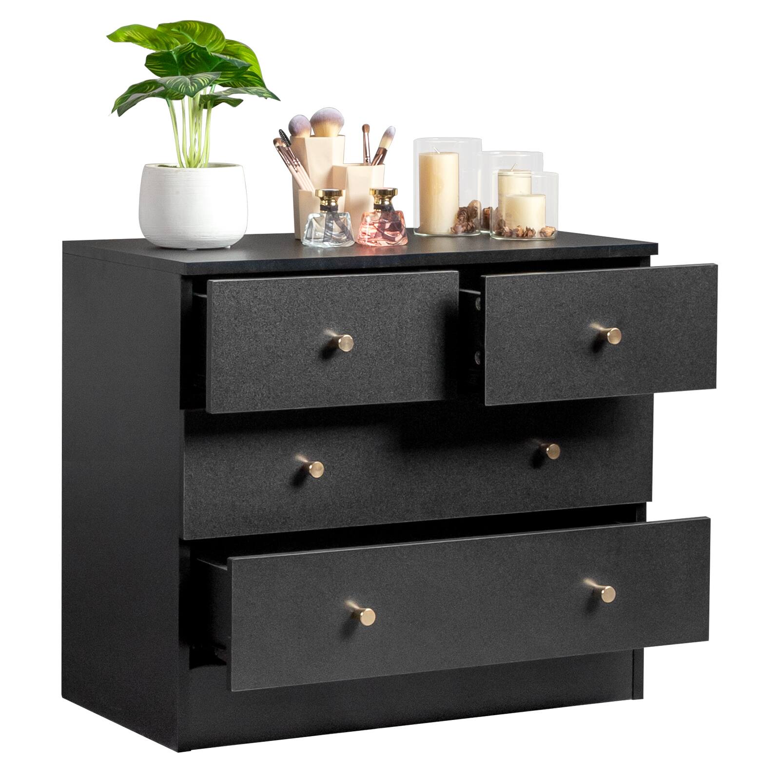 Left. Kadyn - 4 Drawer Dresser with Gold Handle, Nursery Dresser Chest Of Drawers Organizer - Black.