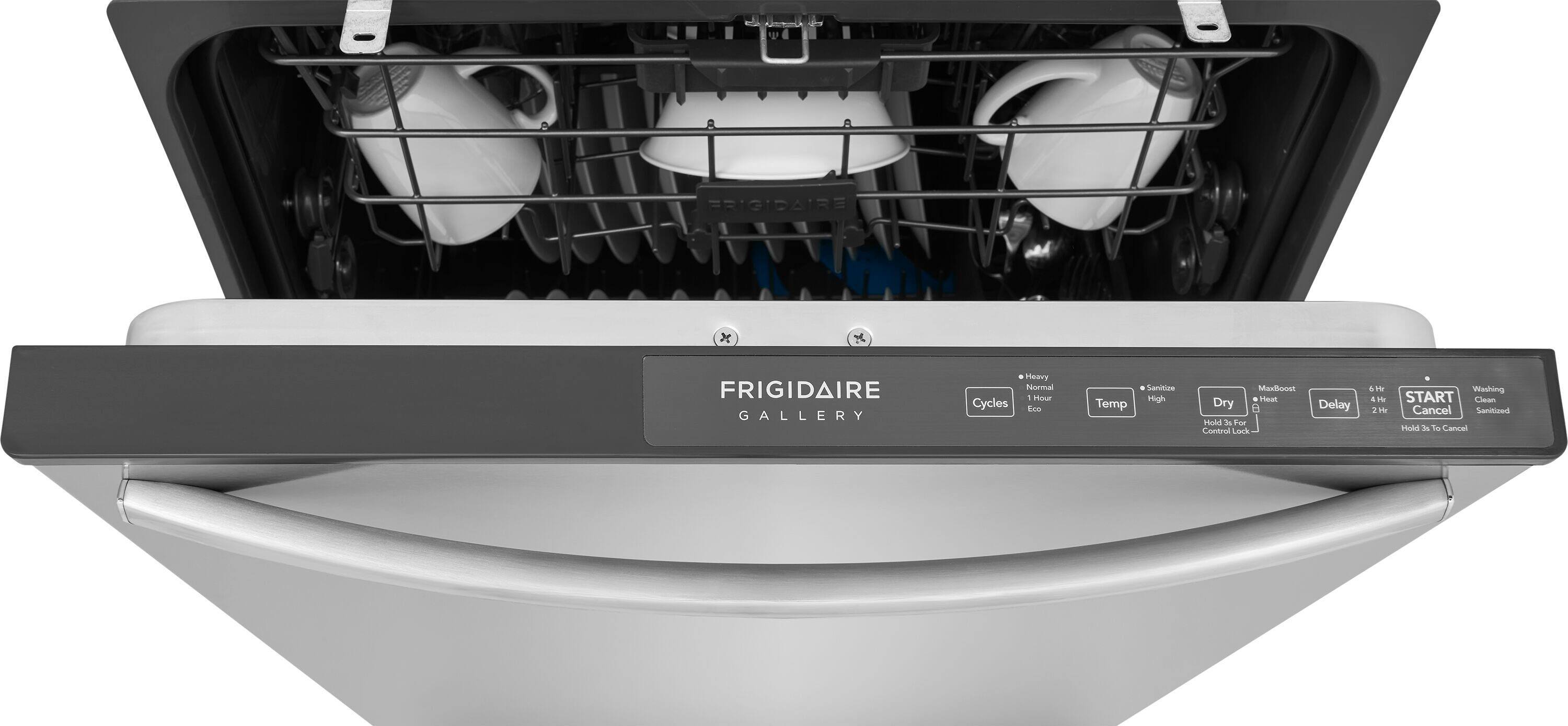 FRIGIDAIRE x FRIGIDAIRE GALLERY Heavy Normal - Normal Cycles Eco Temp Sanitize High MaxBoost Heat Dry Hold de o Control Lock Delay 6Hr Washing 4 IN START Clean H Cancel Start Load Hold 3 To Cancel