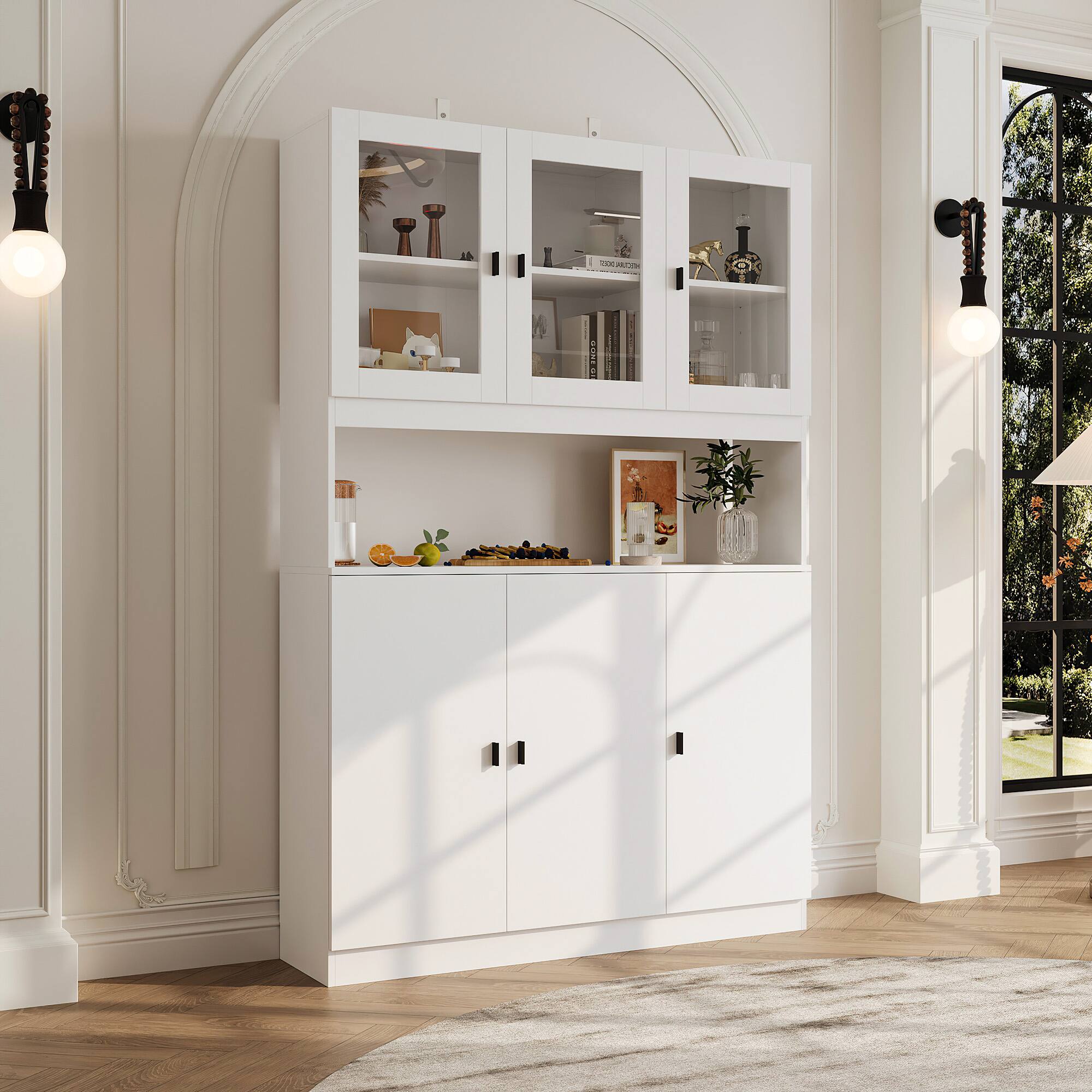 Left. FUFU&GAGA - Large Multi-Purpose Storage Cabinet with Glass Doors and Adjustable Shelves for Living Room Dining Room Office - White.