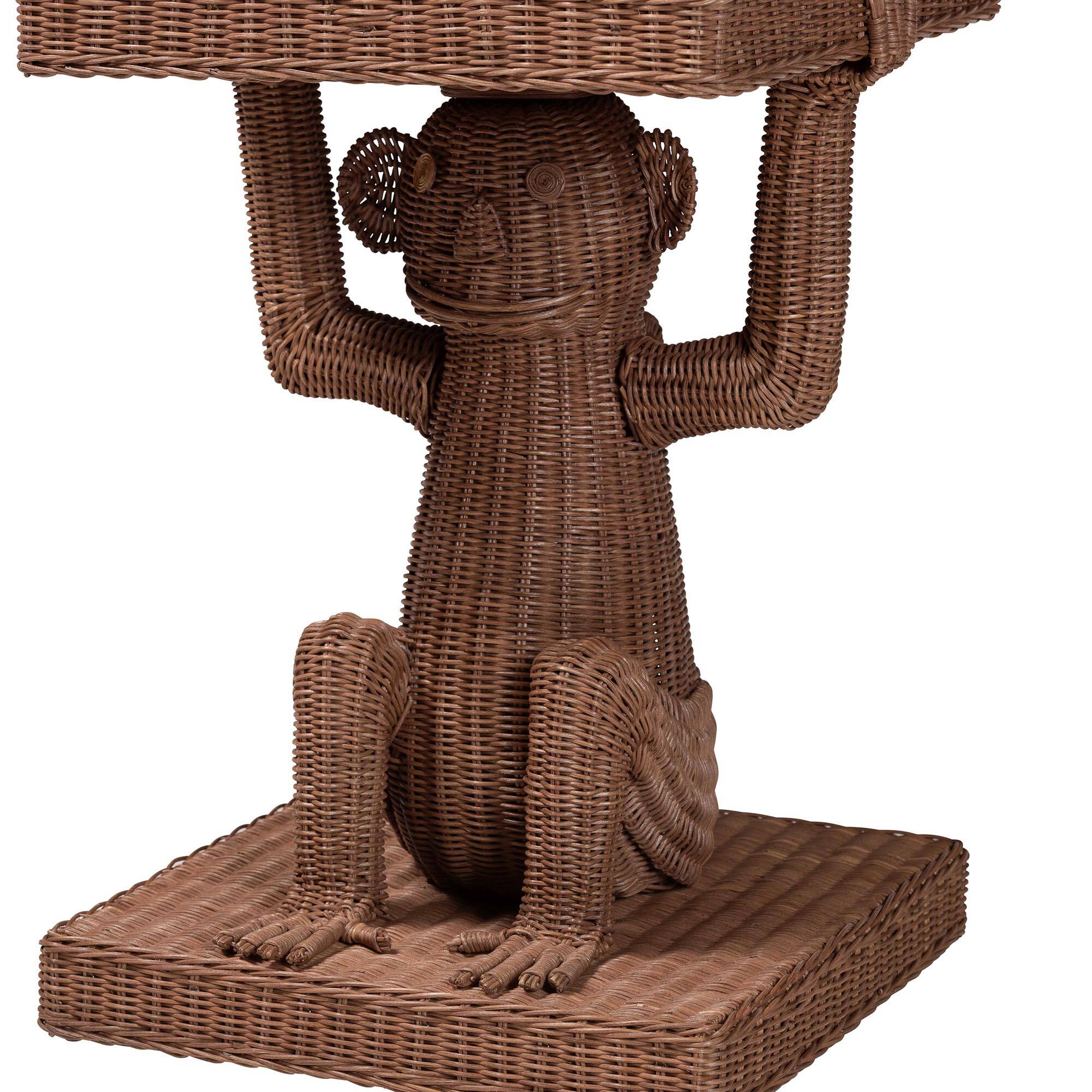 Alt View 1. bali & pari - Miyoco Monkey End Table - Handwoven Rattan Sculptural Accent Side Table with Platform Base - Light Brown.