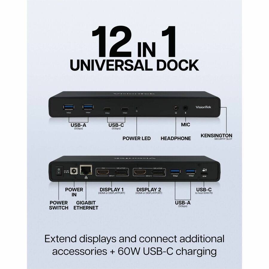 12 IN 1 UNIVERSAL DOCK

VisionTek

USB-A (5Gbps) USB-C (5Gbps) MIC POWER LED HEADPHONE KENSINGTON SECURITY SLOT

POWER IN DISPLAY 1 (HDMI or DISPLAYPORT) DISPLAY 2 (HDMI or DISPLAYPORT) USB-C to host (60W PD) USB-A (5Gbps) GIGABIT SWITCH ETHERNET

Extend displays and connect additional accessories + 60W USB-C charging