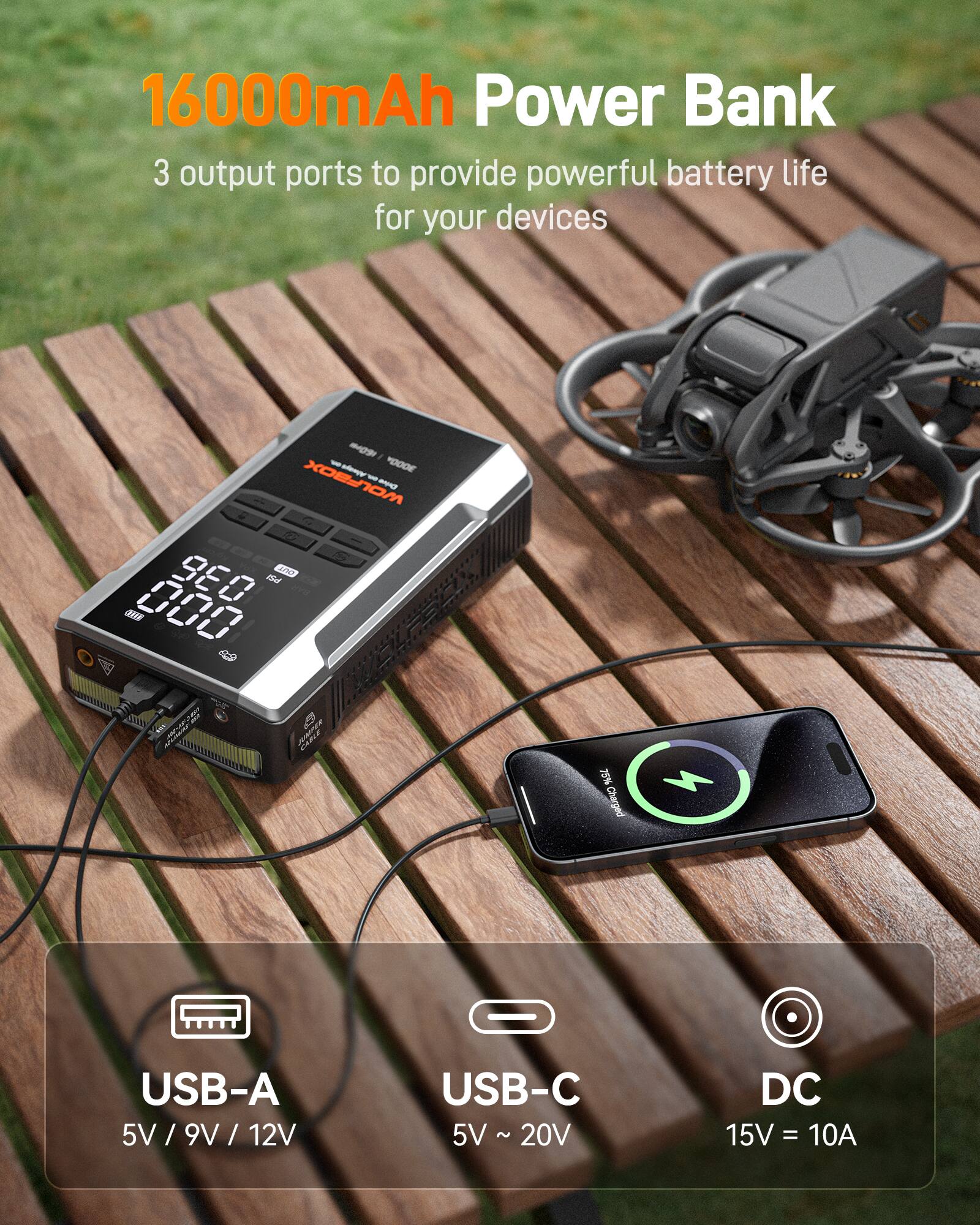 WOLFBOX 3000A Automotive Jump Starter with 160 PSI Portable Air