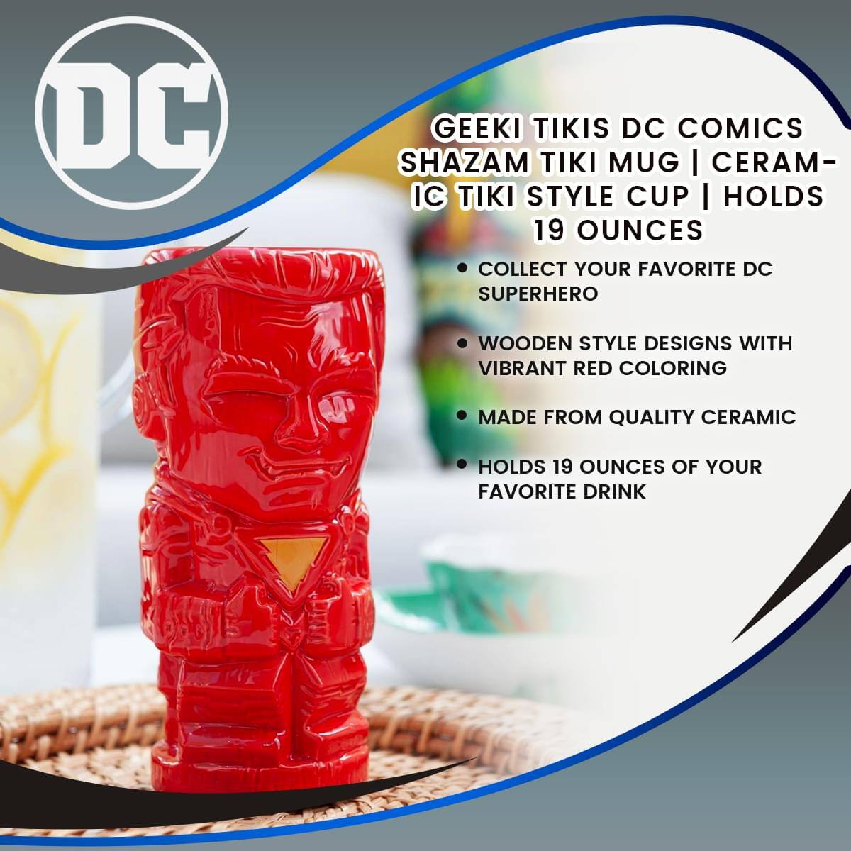 DC Geeki Tikis DC Comics Shazam Tiki Mug | Ceramic Tiki Style Cup | Holds 19 Ounces

- Collect your favorite DC superhero
- Wooden style designs with vibrant red coloring
- Made from quality ceramic
- Holds 19 ounces of your favorite drink