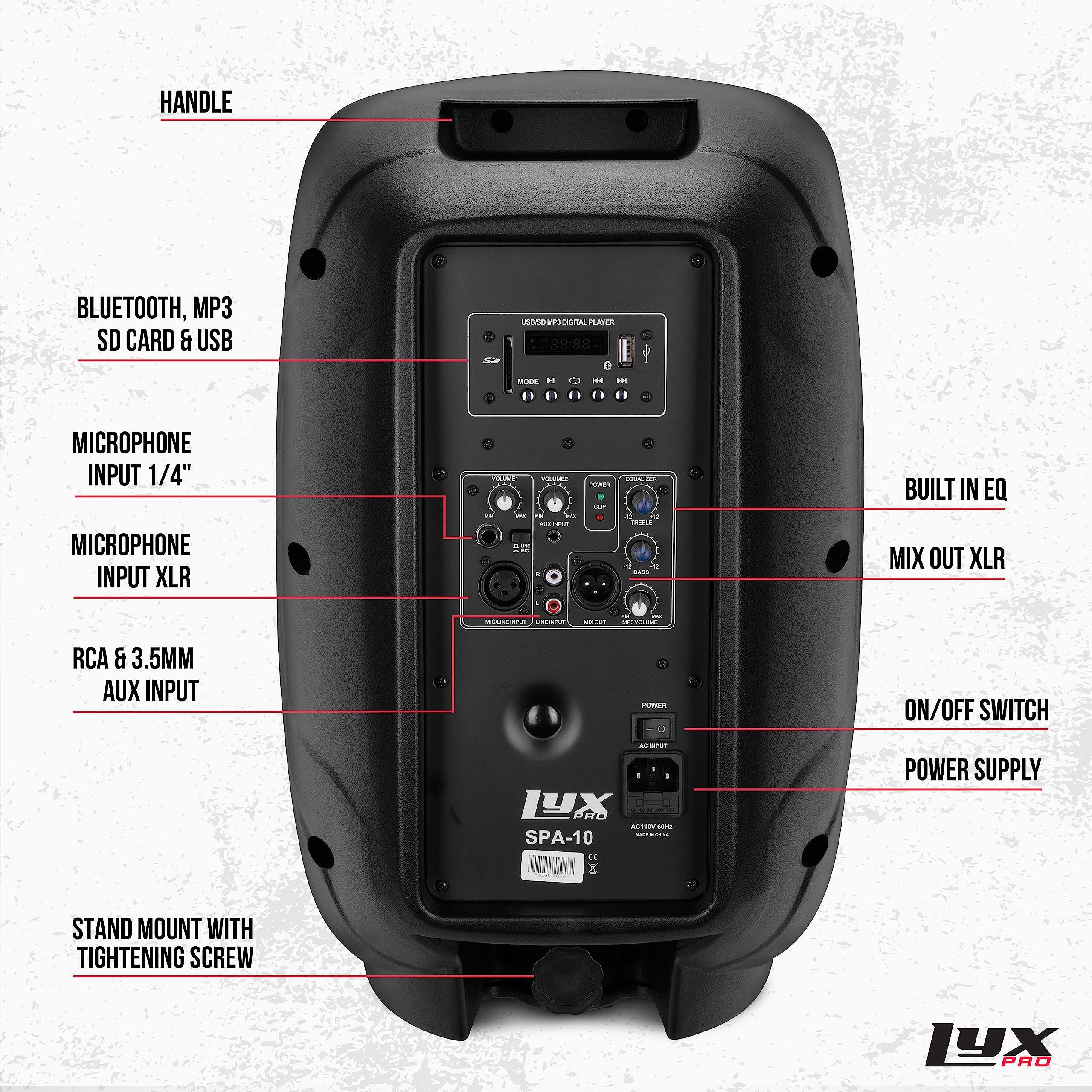 - HANDLE
- BLUETOOTH, MP3 SD CARD & USB
- MICROPHONE INPUT 1/4"
- MICROPHONE INPUT XLR
- RCA & 3.5MM AUX INPUT
- MIX OUT XLR
- BUILT IN EQ
- ON/OFF SWITCH
- POWER SUPPLY
- STAND MOUNT WITH TIGHTENING SCREW