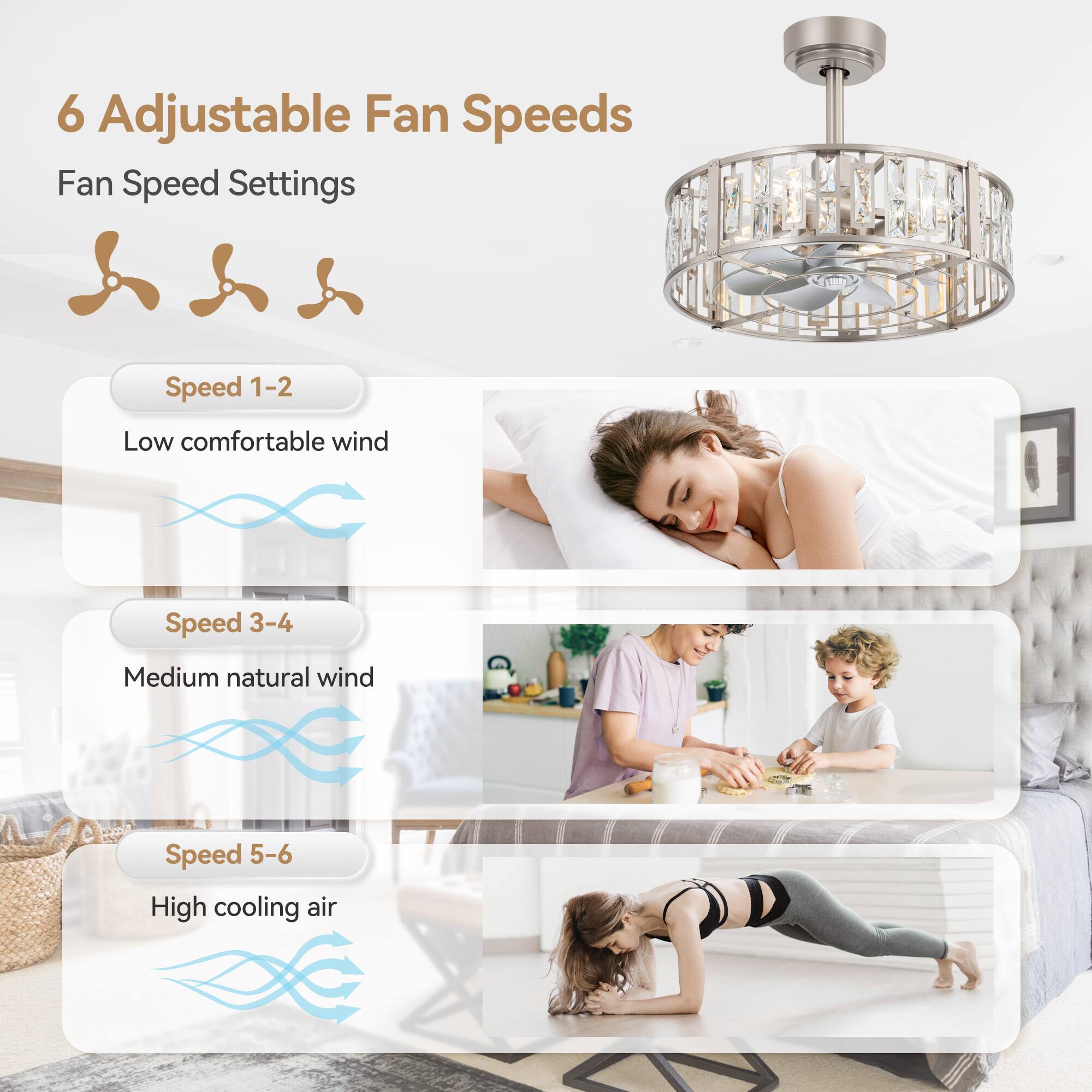 6 Adjustable Fan Speeds
Fan Speed Settings
Speed 1-2 Low comfortable wind
Speed 3-4 Medium natural wind
Speed 5-6 High cooling air