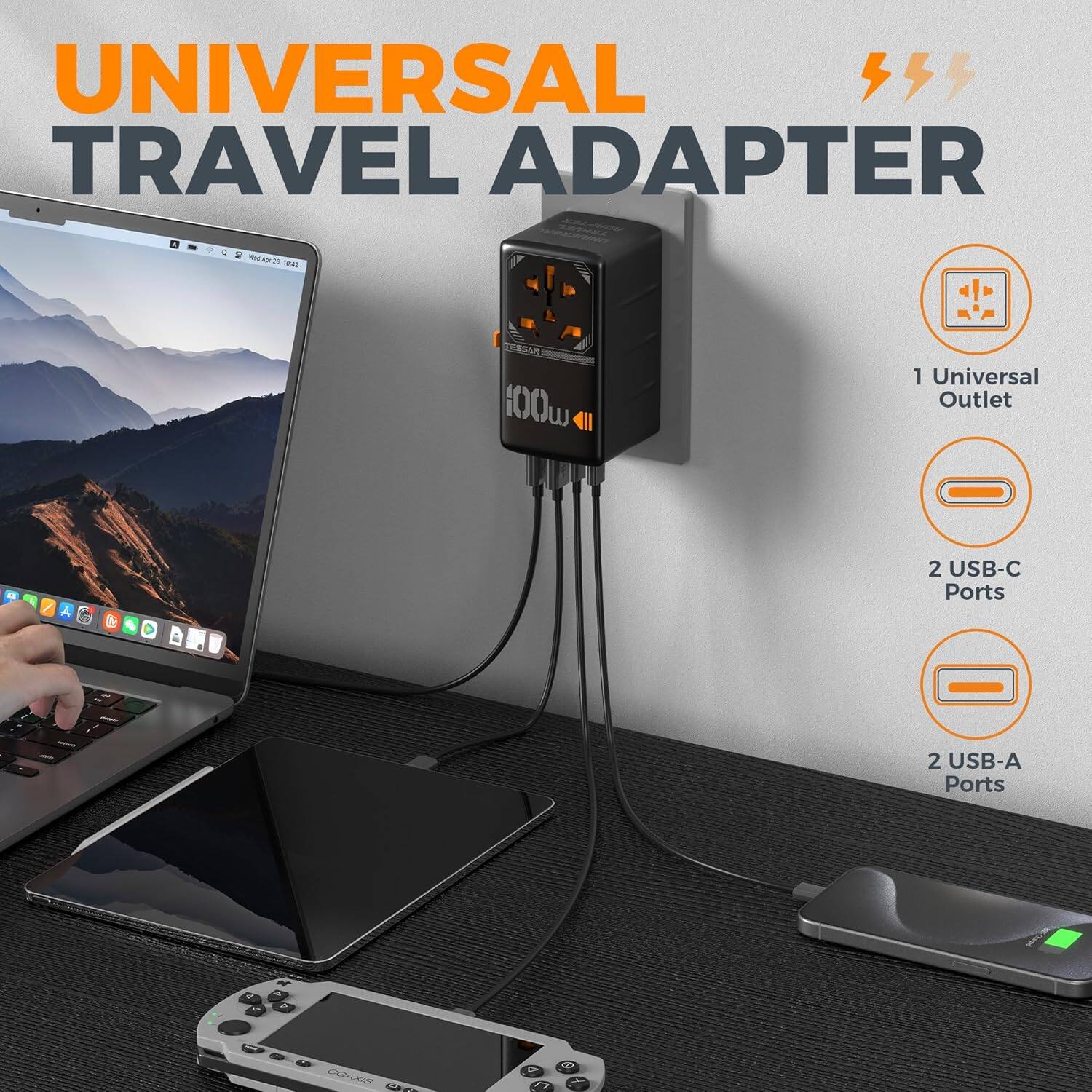 UNIVERSAL TRAVEL ADAPTER

- 1 Universal Outlet
- 2 USB-C Ports
- 2 USB-A Ports