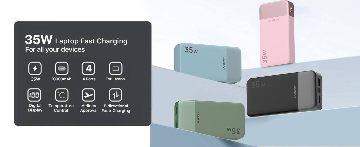 35W Laptop Fast Charging For all your devices

- 35W
- 20000mAh
- 4 Ports
- For Laptop
- Digital Display
- Temperature Control
- Airlines Approval
- Bidirectional Fast Charging