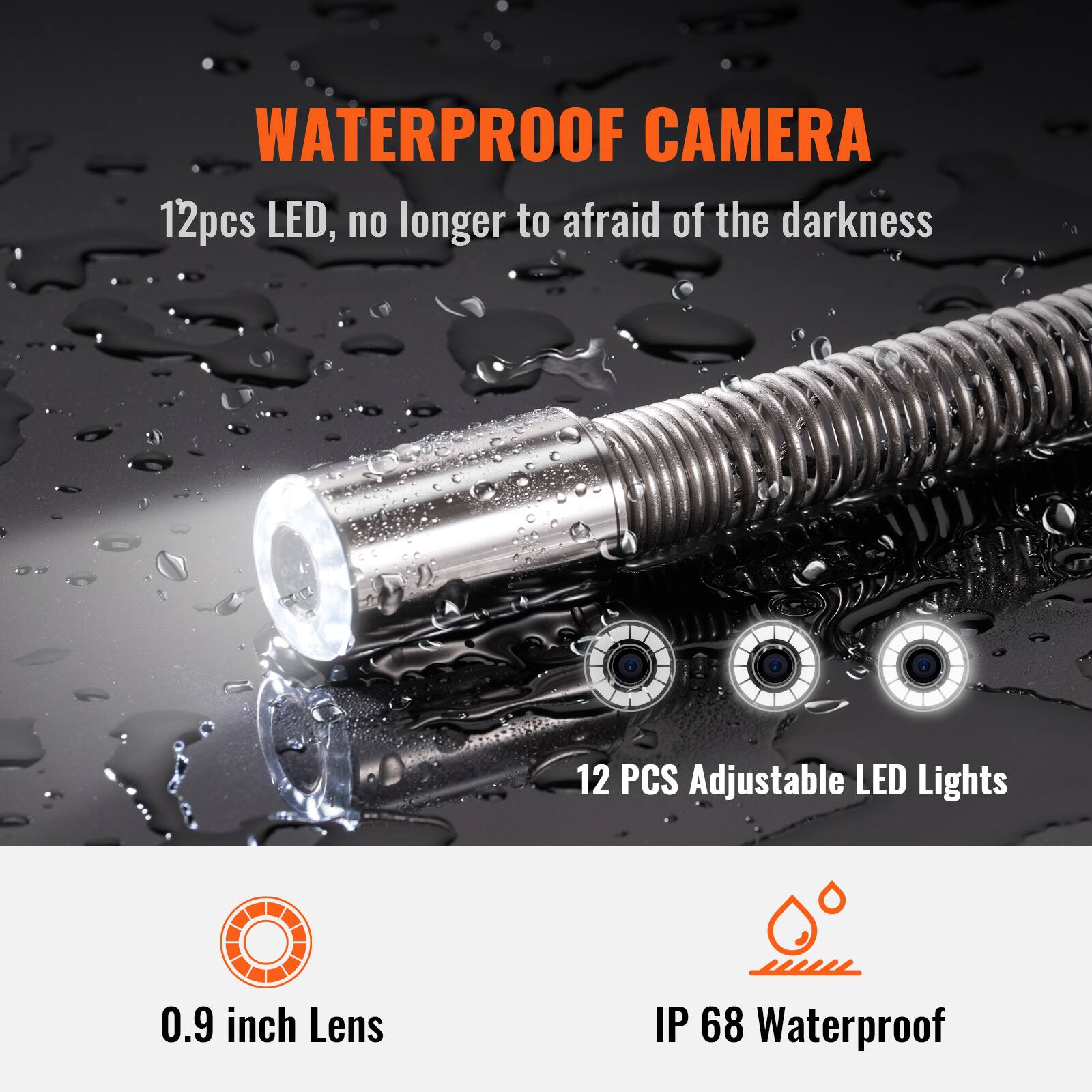 WATERPROOF CAMERA

12pcs LED, no longer to afraid of the darkness

12 PCS Adjustable LED Lights

0.9 inch Lens

IP 68 Waterproof