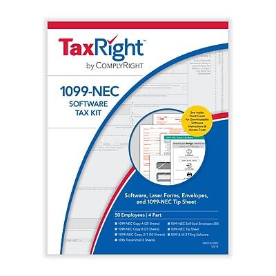 TaxRight by COMPLYRIGHT

1099-NEC SOFTWARE TAX KIT

Software, Laser Forms, Envelopes, and 1099-NEC Tip Sheet

50 Employees 4 Part Copy A (25 Sheets) 1099-NEC 1099-NEC Copy (25 Sheets) 1099NEC To 1099-NEC Copy 2/1 2 Sheets

50 MICR CARDS