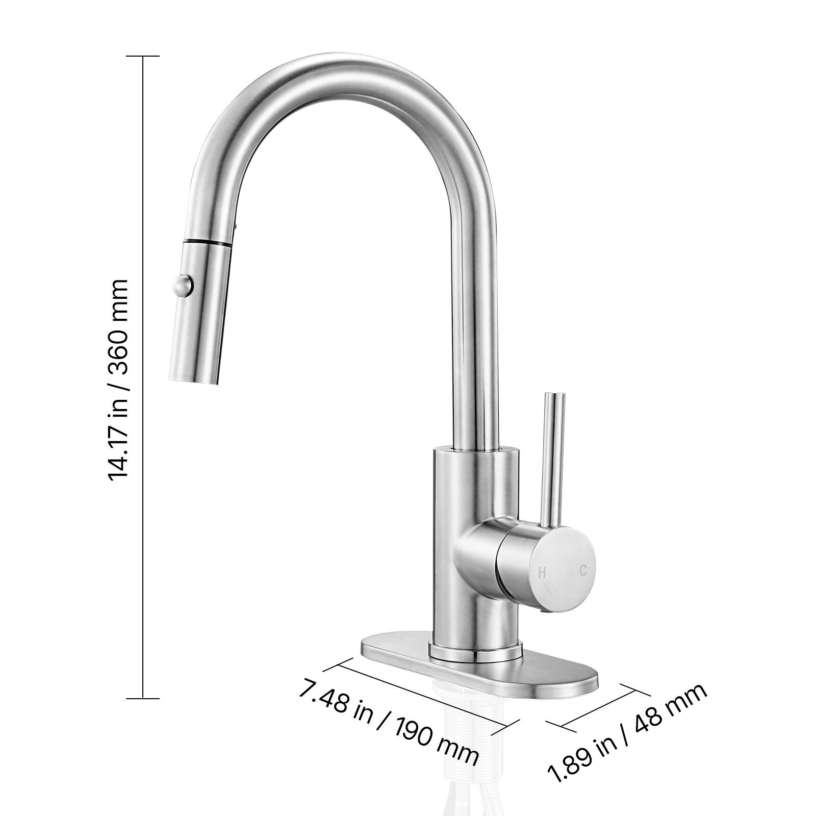 - Height: 14.17 in / 360 mm
- Base Diameter: 7.48 in / 190 mm
- Spout Diameter: 1.89 in / 48 mm