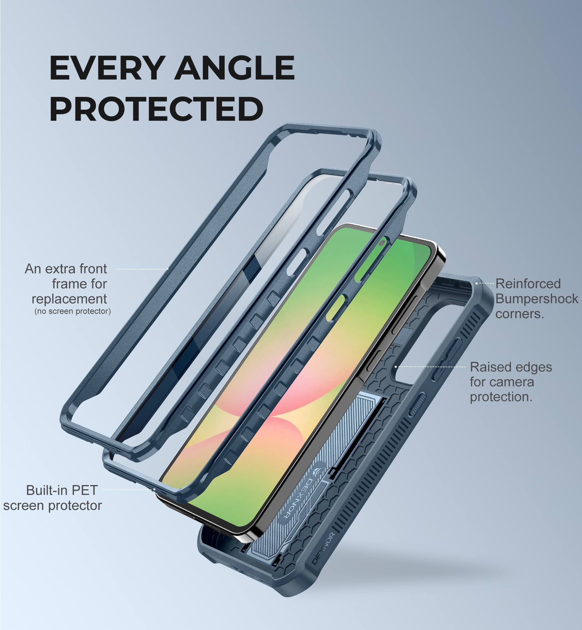 EVERY ANGLE PROTECTED

- An extra front frame for replacement (no screen protector)
- Reinforced Bumpershock corners.
- Raised edges for camera protection.
- Built-in PET screen protector