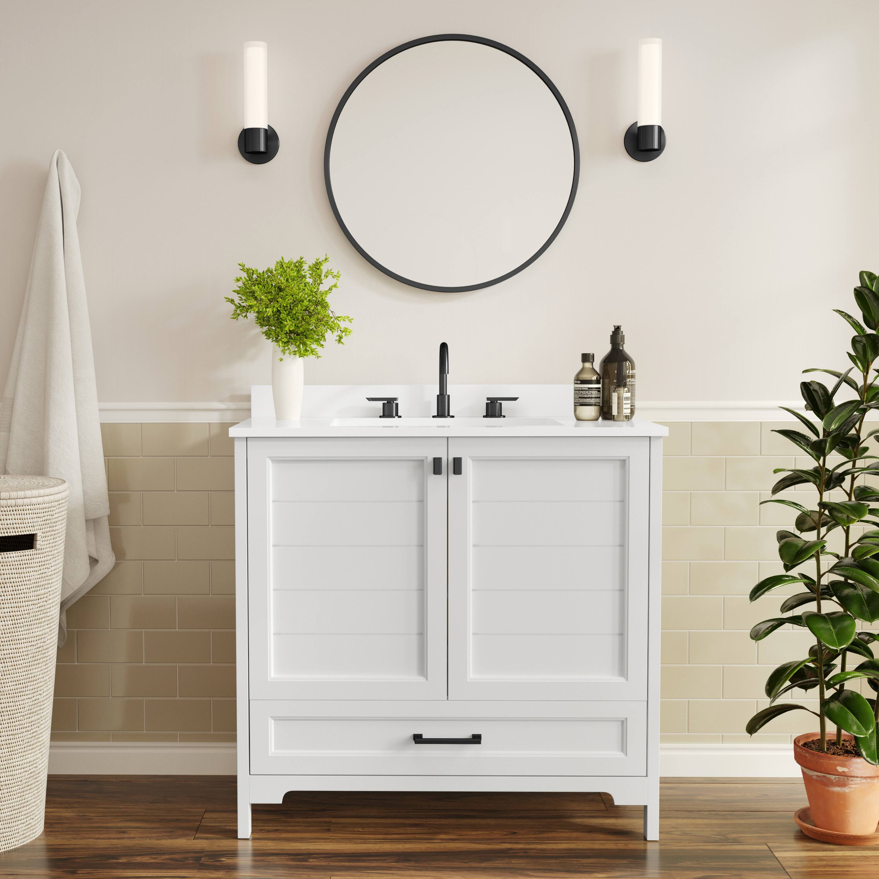 Alt View 1. Flash Furniture - Haven 36" Bathroom Vanity with Sink, Storage Cabinet with Black Hardware, Soft Close Doors and Bottom Drawer, Carrara Ma - White.