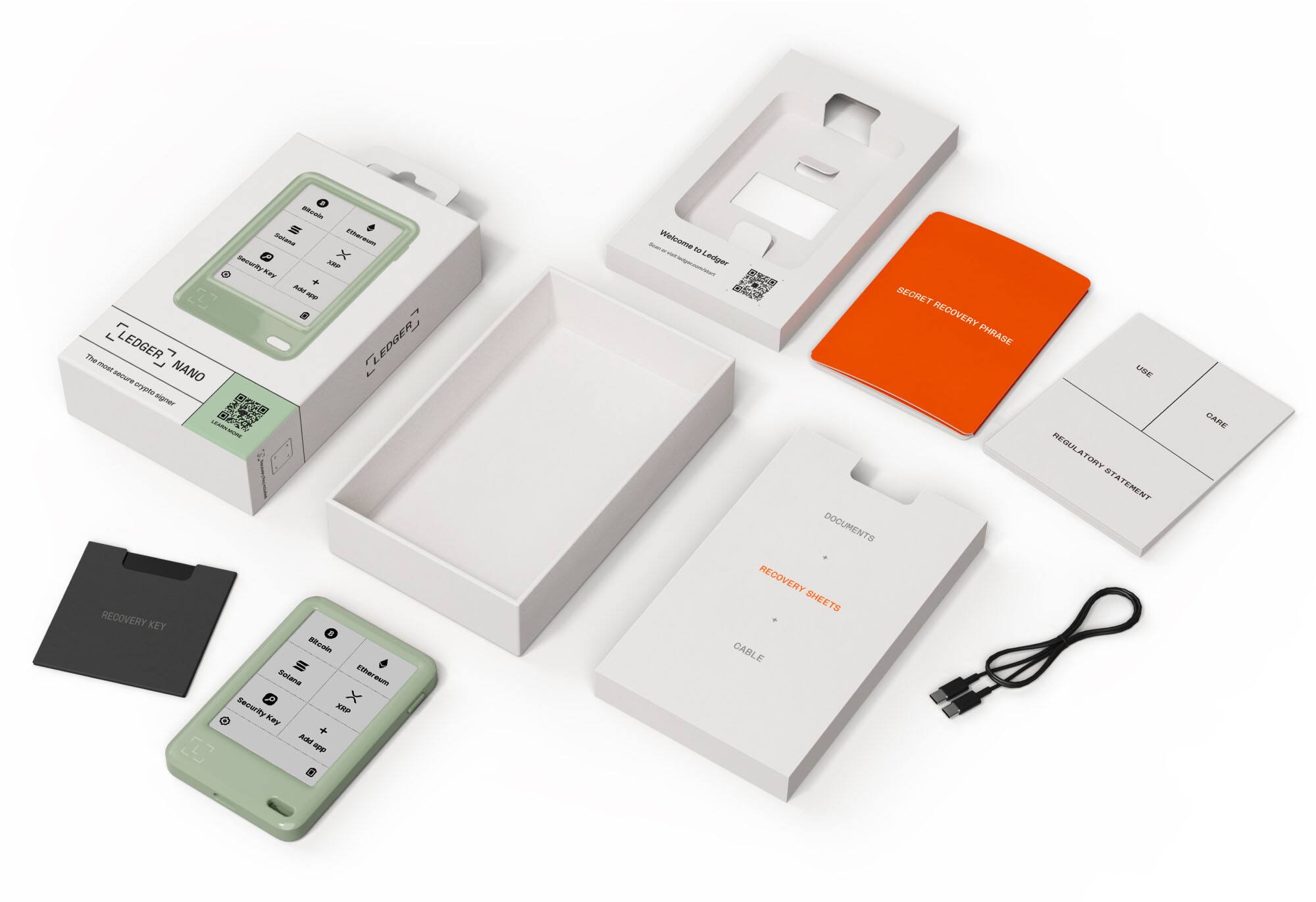 - Ledger Nano
- The most secure crypto-wallet

- Welcome to Ledger
- Start your journey here

- Secret Recovery Phrase

- Recovery Key

- Documents
- Recovery Sheets
- Cable

- Regulatory Statement

- Use
- Care