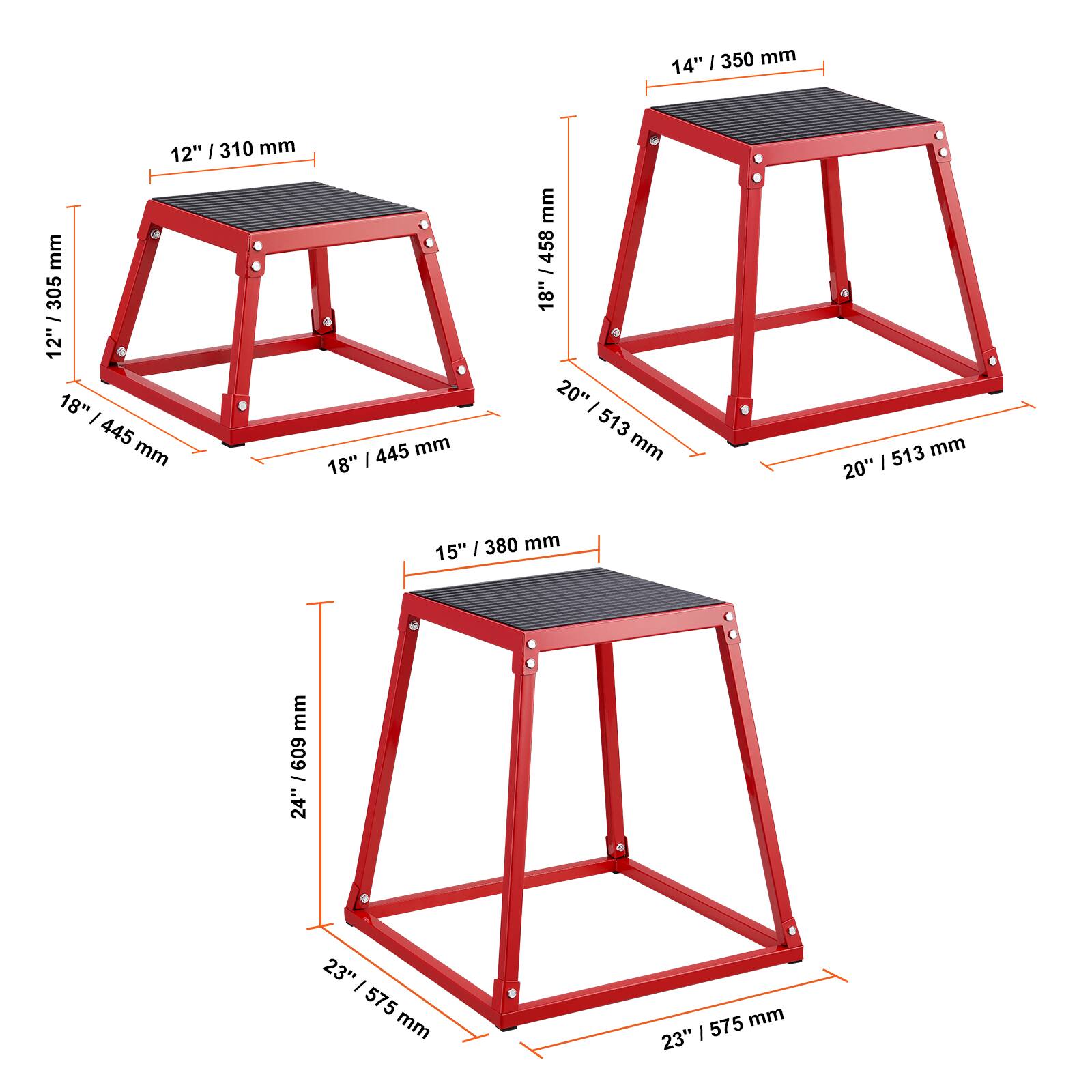 Here is the corrected and grouped text:

- 12" / 305 mm
- 14" / 350 mm
- 15" / 380 mm
- 18" / 458 mm
- 20" / 513 mm
- 23" / 575 mm
- 24" / 609 mm

- 18" / 445 mm
- 20" / 513 mm
- 23" / 575 mm

- 12" / 305 mm
- 18" / 445 mm
- 20" / 513 mm

- 18" / 458 mm
- 20" / 513 mm

- 15" / 380 mm

- 23" / 575 mm

- 24" / 609 mm

- 23" / 585 mm
- 757 mm