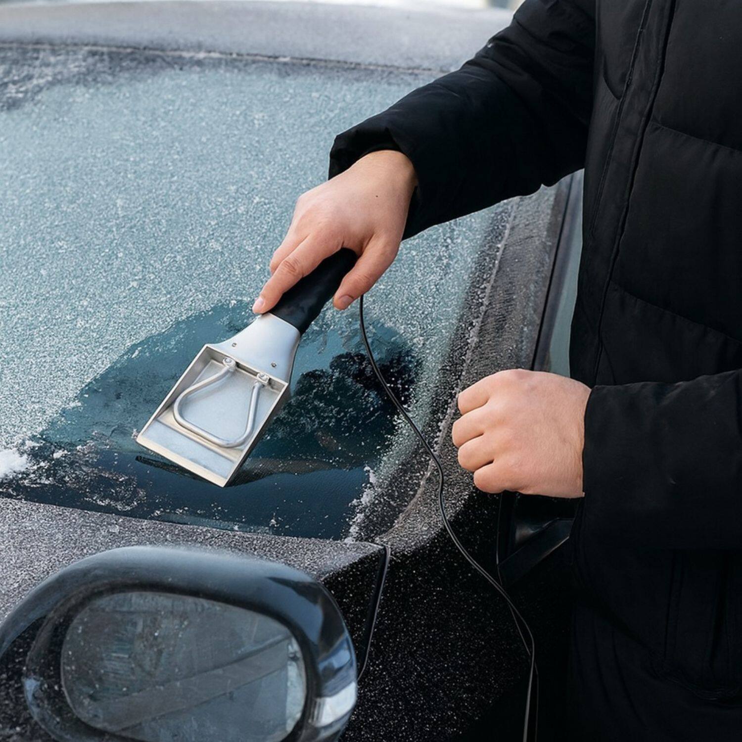 Back. Stock Preferred - 12V Heated Electric Windshield Ice & Snow Scraper - Black with Red Grip.