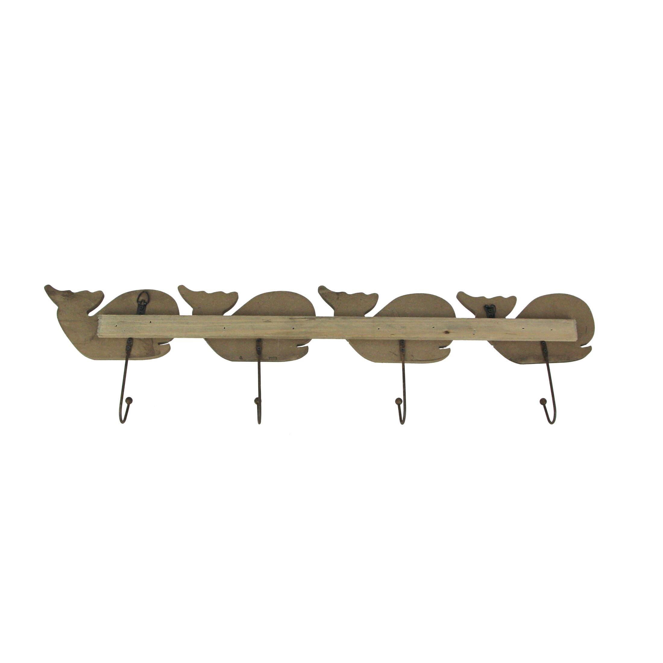Alt View 2. Mayrich Company - Distressed Wooden Whale 4 Hook Hanging Wall Rack 28 Inches Long - Brown.