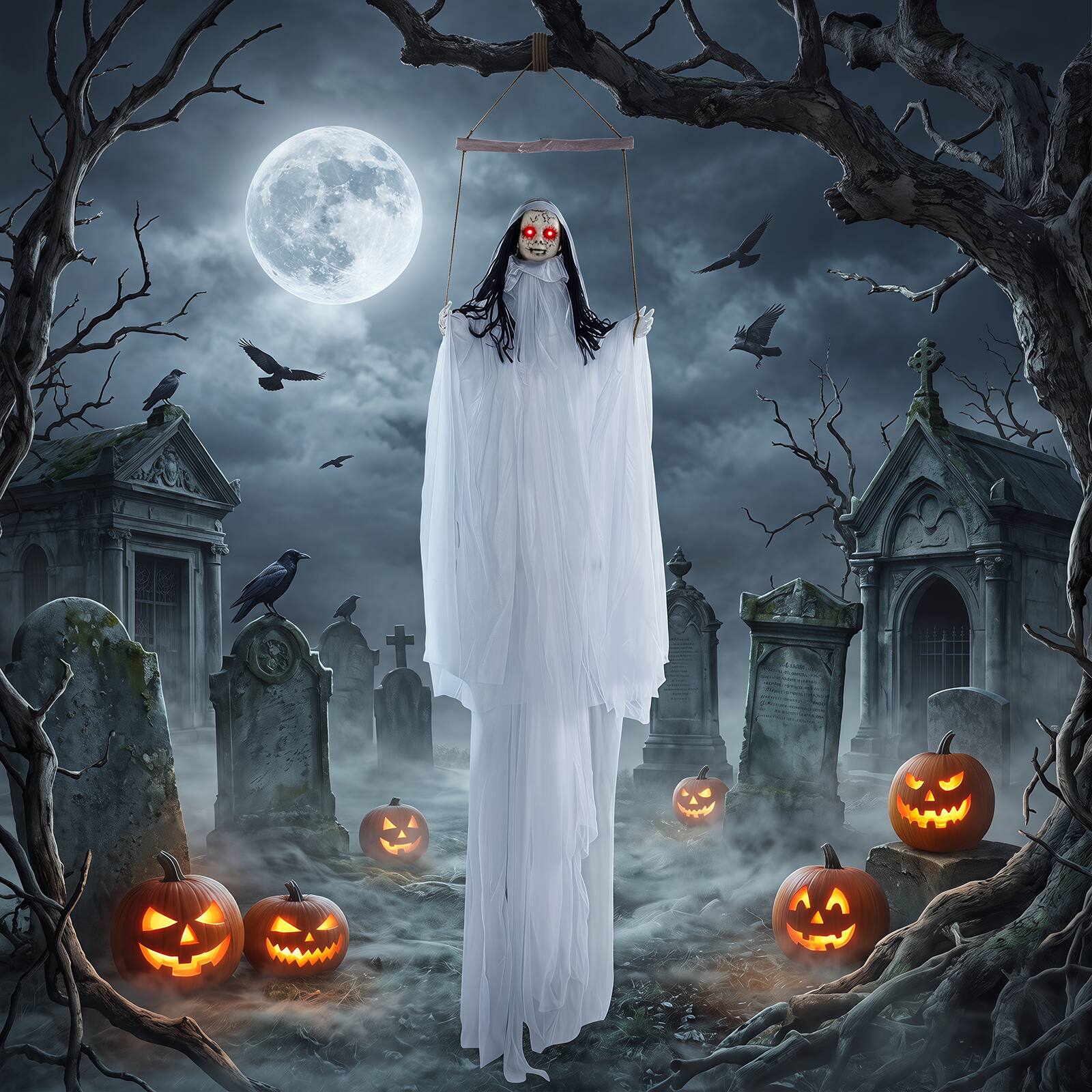 Alt View 3. Costway - Costway 6.4 ft Halloween Decoration with Light Up Eyes and Creepy Sounds, Scary Face - White.