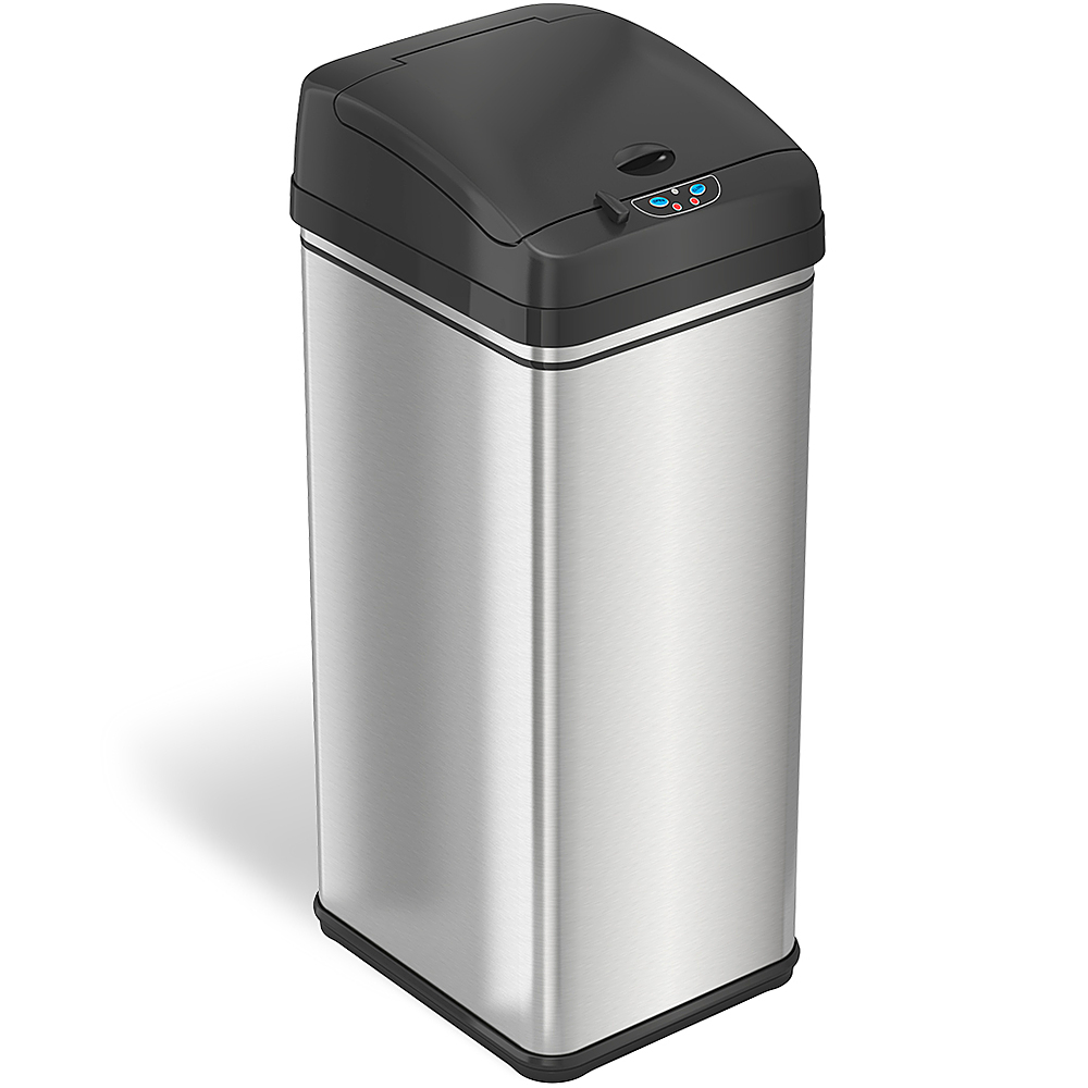 Angle View: iTouchless - 13-Gal. Touchless Trash Can - Stainless Steel/Black