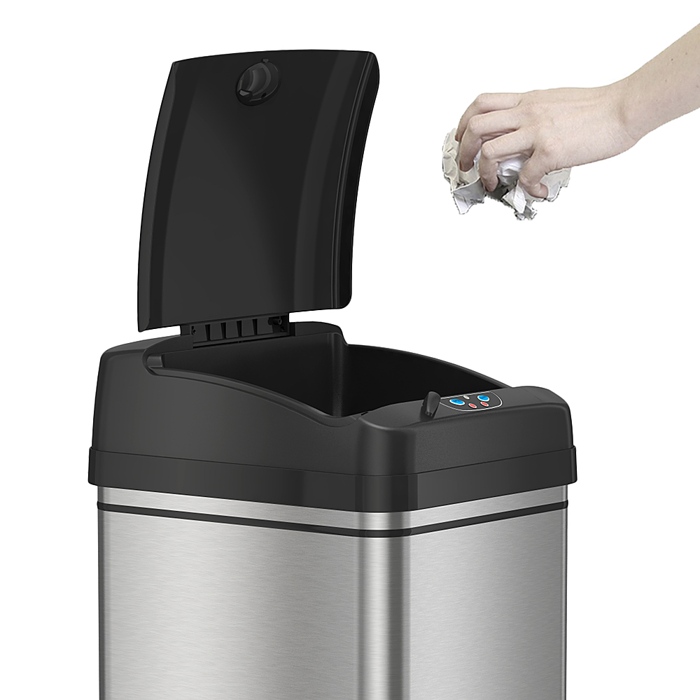 Left View: iTouchless - 13-Gal. Touchless Trash Can - Stainless Steel/Black