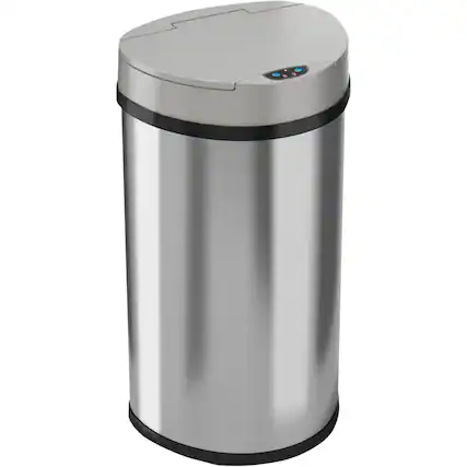 Angle. iTouchless - 13-Gal. Touchless Semi-Round Trash Can - Brushed Silver.