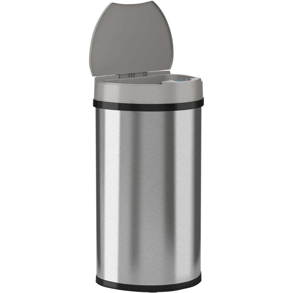 Left. iTouchless - 13-Gal. Touchless Semi-Round Trash Can - Brushed Silver.