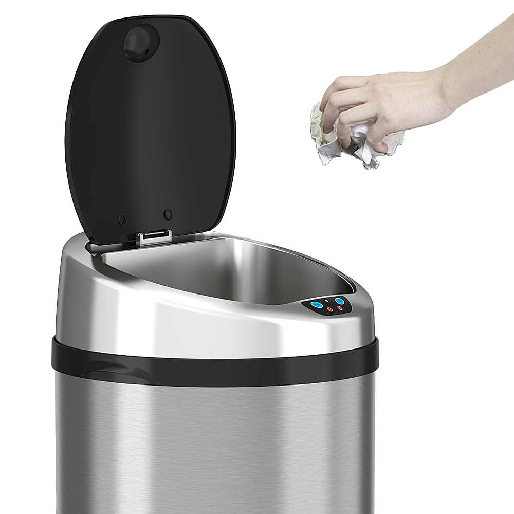 Left View: iTouchless - NX 8-Gal. Touchless Round Trash Can - Stainless Steel