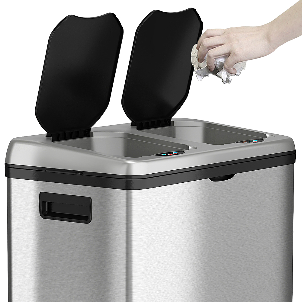 Left View: iTouchless 2 Compartment Recycle Touchless Trashcan 16 gallon Stainless Steel Recycling Bin