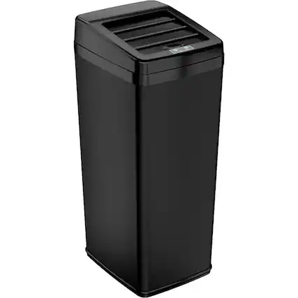 Angle. iTouchless - 14 Gallon Sliding Lid Sensor Trash Can with AbsorbX Odor Control System, Automatic Kitchen Bin - Black stainless steel.