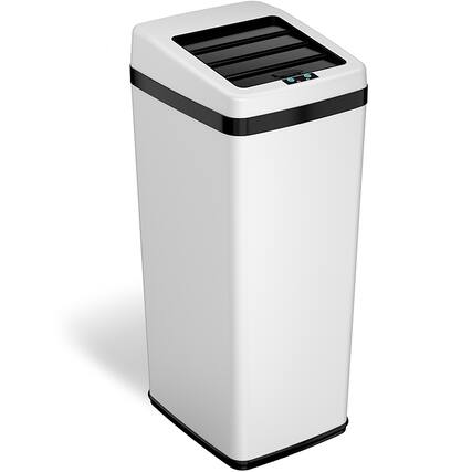 Angle. iTouchless - 14 Gallon Sliding Lid Sensor Trash Can with AbsorbX Odor Control System, Automatic Kitchen Bin - White stainless steel.
