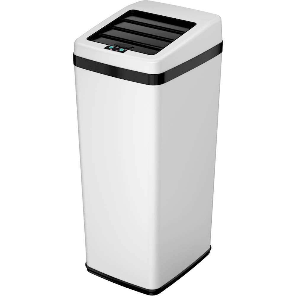Left. iTouchless - 14 Gallon Sliding Lid Sensor Trash Can with AbsorbX Odor Control System, Automatic Kitchen Bin - White stainless steel.