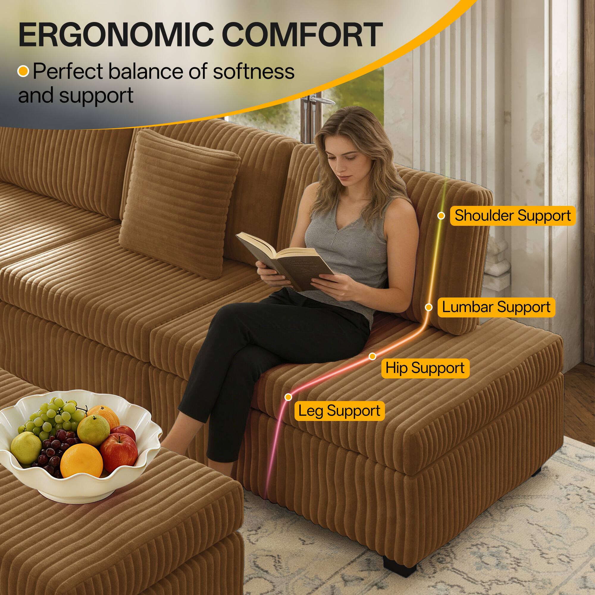 ERGONOMIC COMFORT  
- Perfect balance of softness and support  
- Shoulder Support  
- Lumbar Support  
- Hip Support  
- Leg Support