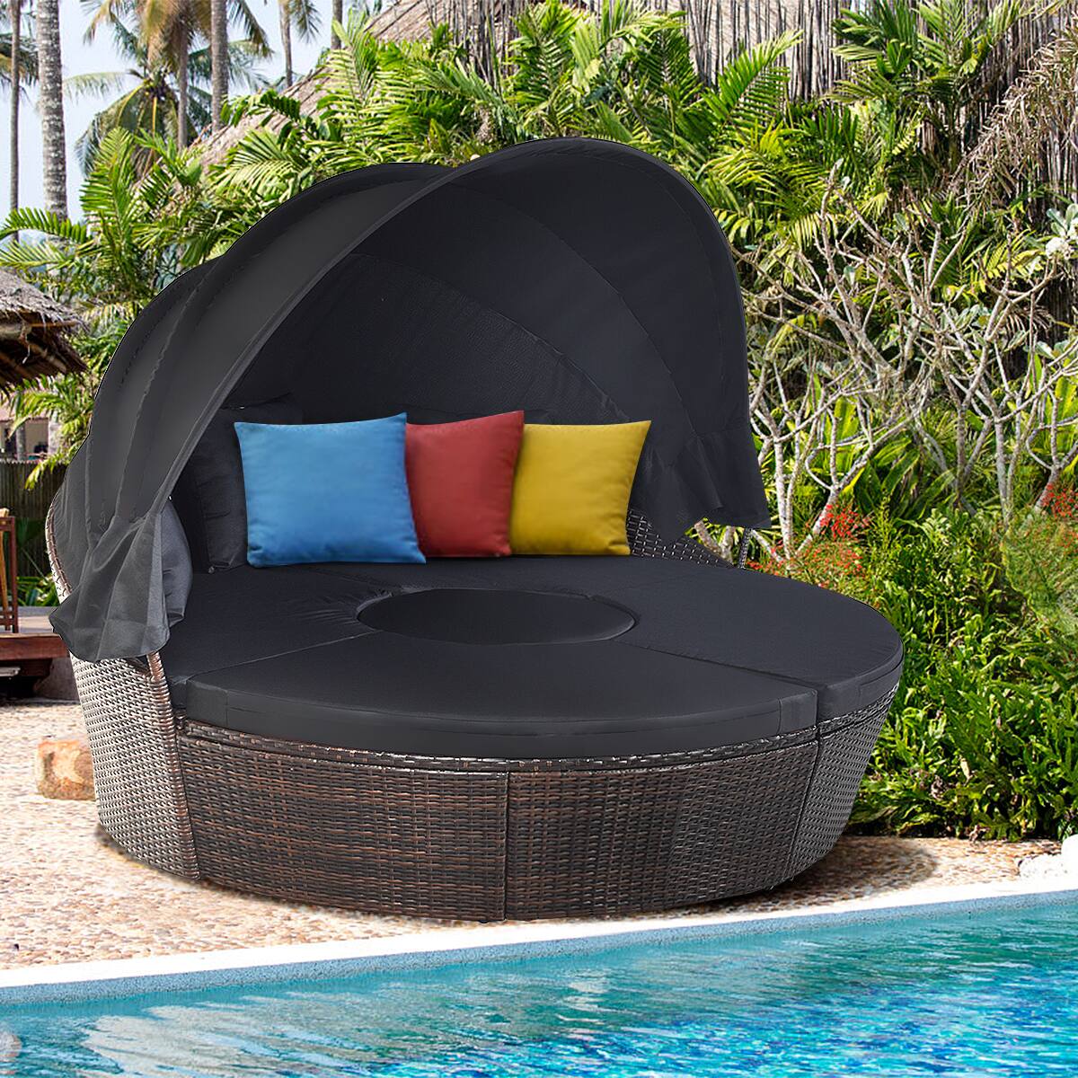 Alt View 4. Gymax - Gymax Cushioned Patio Rattan Round Daybed w/ Adjustable Table 3 Pillows Black - Black.