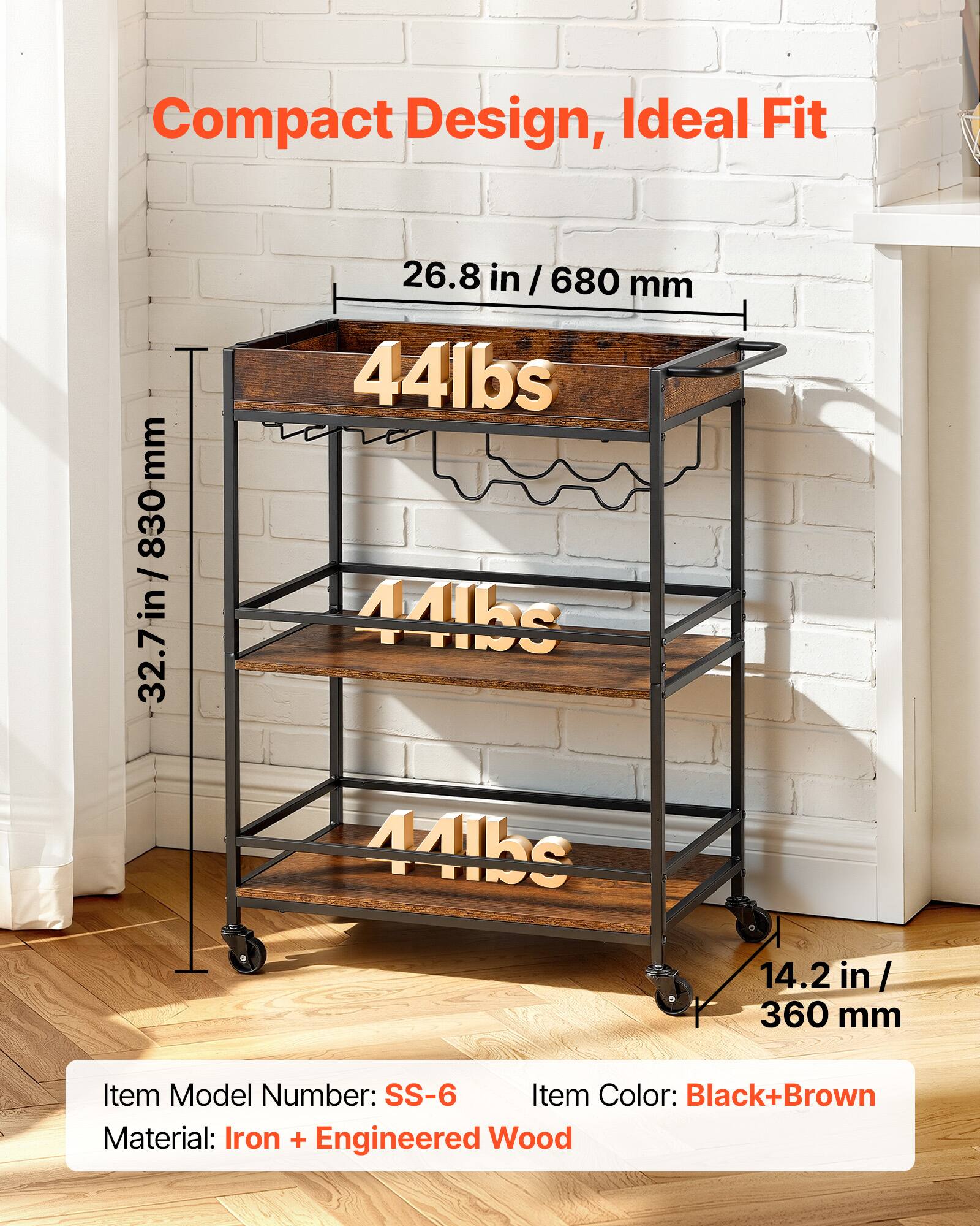 Compact Design, Ideal Fit

- Height: 32.7 in / 830 mm
- Width: 26.8 in / 680 mm
- Depth: 14.2 in / 360 mm

Weight Capacity: 44 lbs

Item Model Number: SS-6
Item Color: Black+Brown
Material: Iron + Engineered Wood