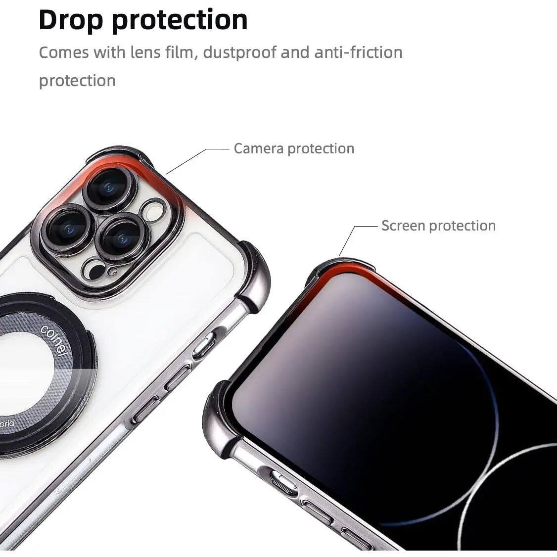 Drop protection  
Comes with lens film, dustproof and anti-friction protection  
Camera protection  
Screen protection