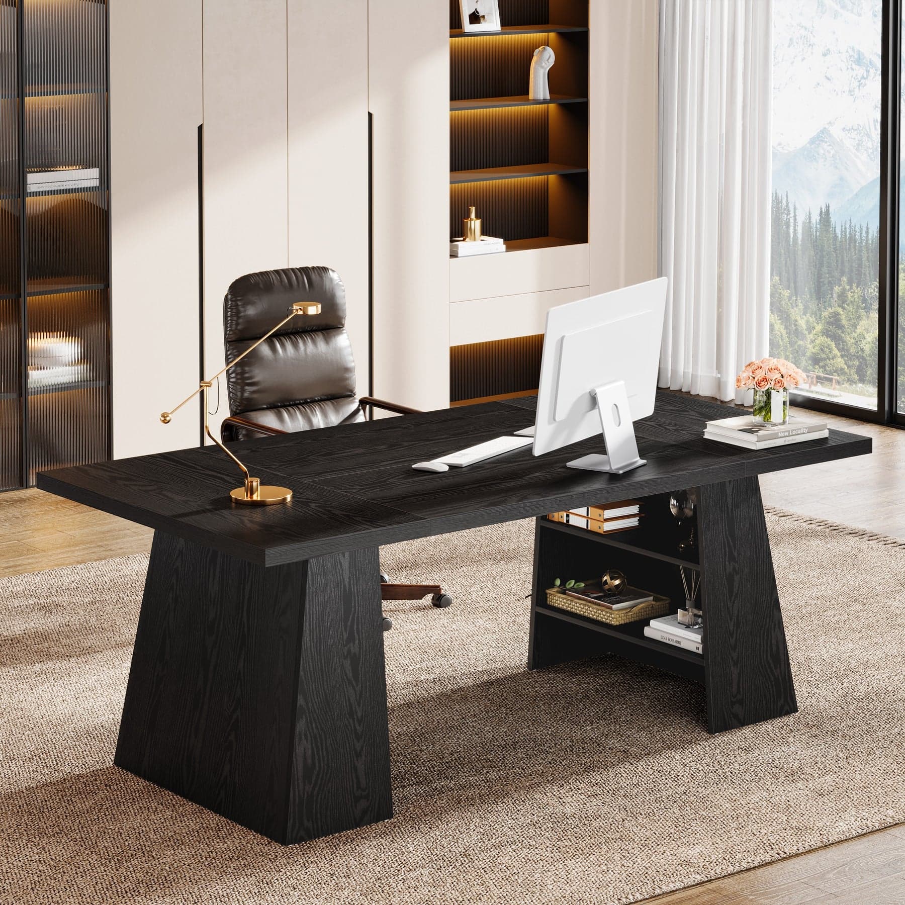 Tribesigns - Office Executive Desk with Engineered Wood Construction, Storage Shelves, for Computer Work and Writing in Home Offices - Black