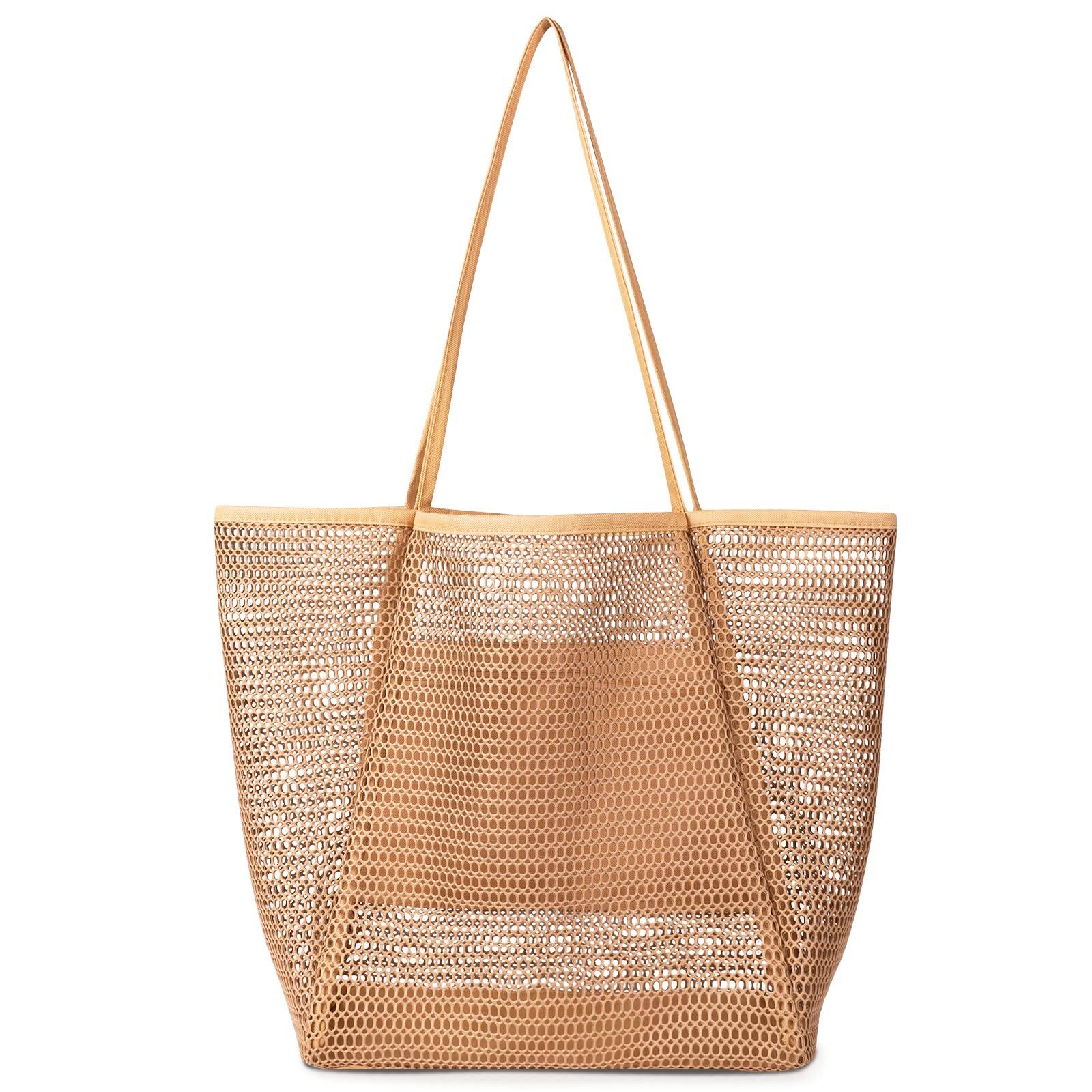 Front. DORLUKFU - Mesh Beach Tote Bags for Womens, Causal Hobo Pool Bags for Swimming Pools Vacations Beach Essentials - Khaki.