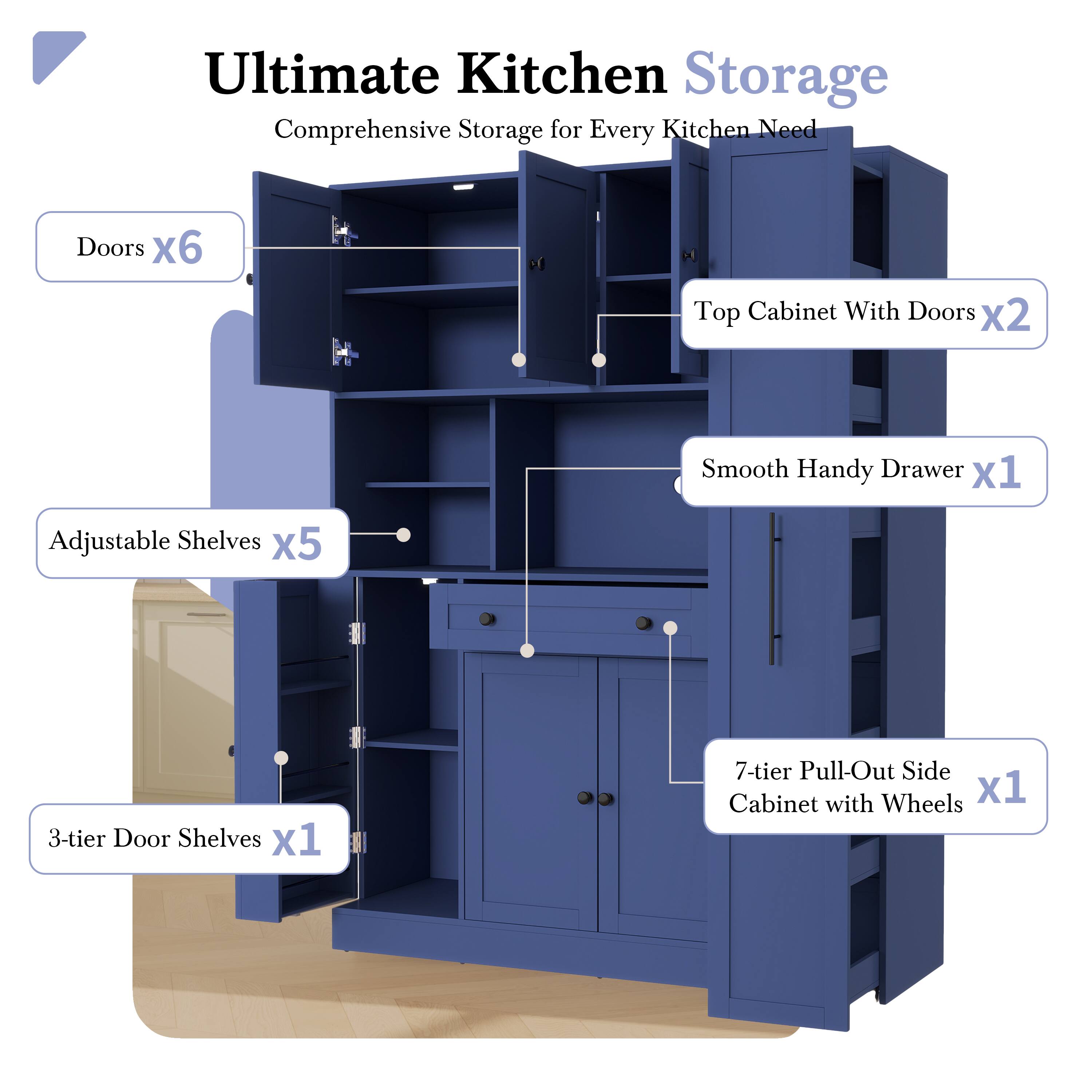 Ultimate Kitchen Storage  
Comprehensive Storage for Every Kitchen Need  

- Doors x6  
- Top Cabinet With Doors x2  
- Smooth Handy Drawer x1  
- Adjustable Shelves x5  
- 3-tier Door Shelves x1  
- 7-tier Pull-Out Side Cabinet with Wheels x1
