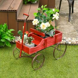 Gymax - Garden Plant Planter Wooden Wagon Planter W/ Wheel Garden Yard - Red