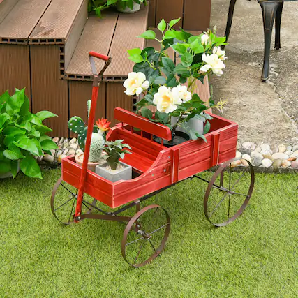 Front. Gymax - Gymax Garden Plant Planter Wooden Wagon Planter W/ Wheel Garden Yard Red - Red.