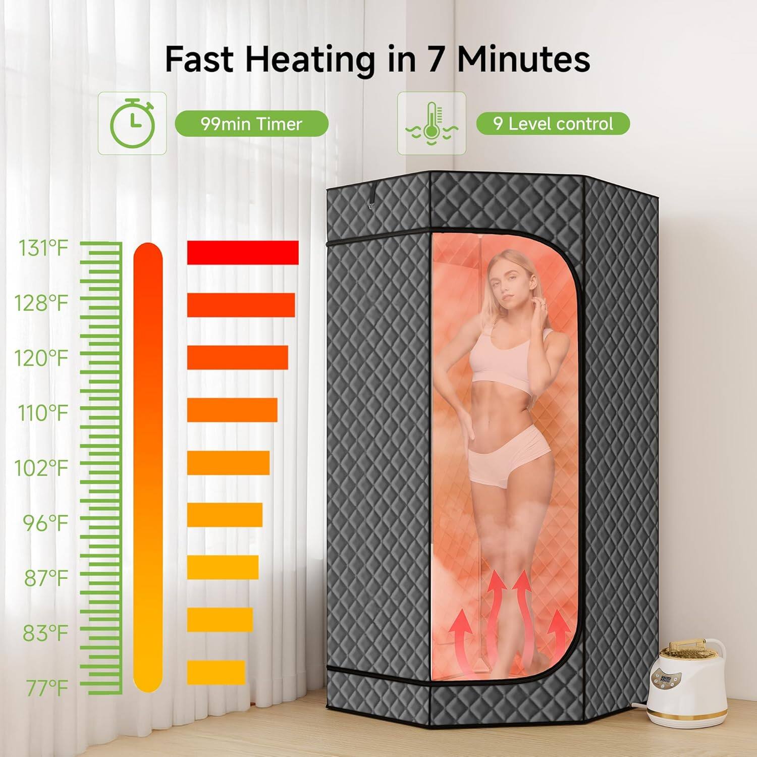 Fast Heating in 7 Minutes

99min Timer

9 Level control

131°F
128°F
120°F
110°F
102°F
96°F
87°F
83°F
77°F