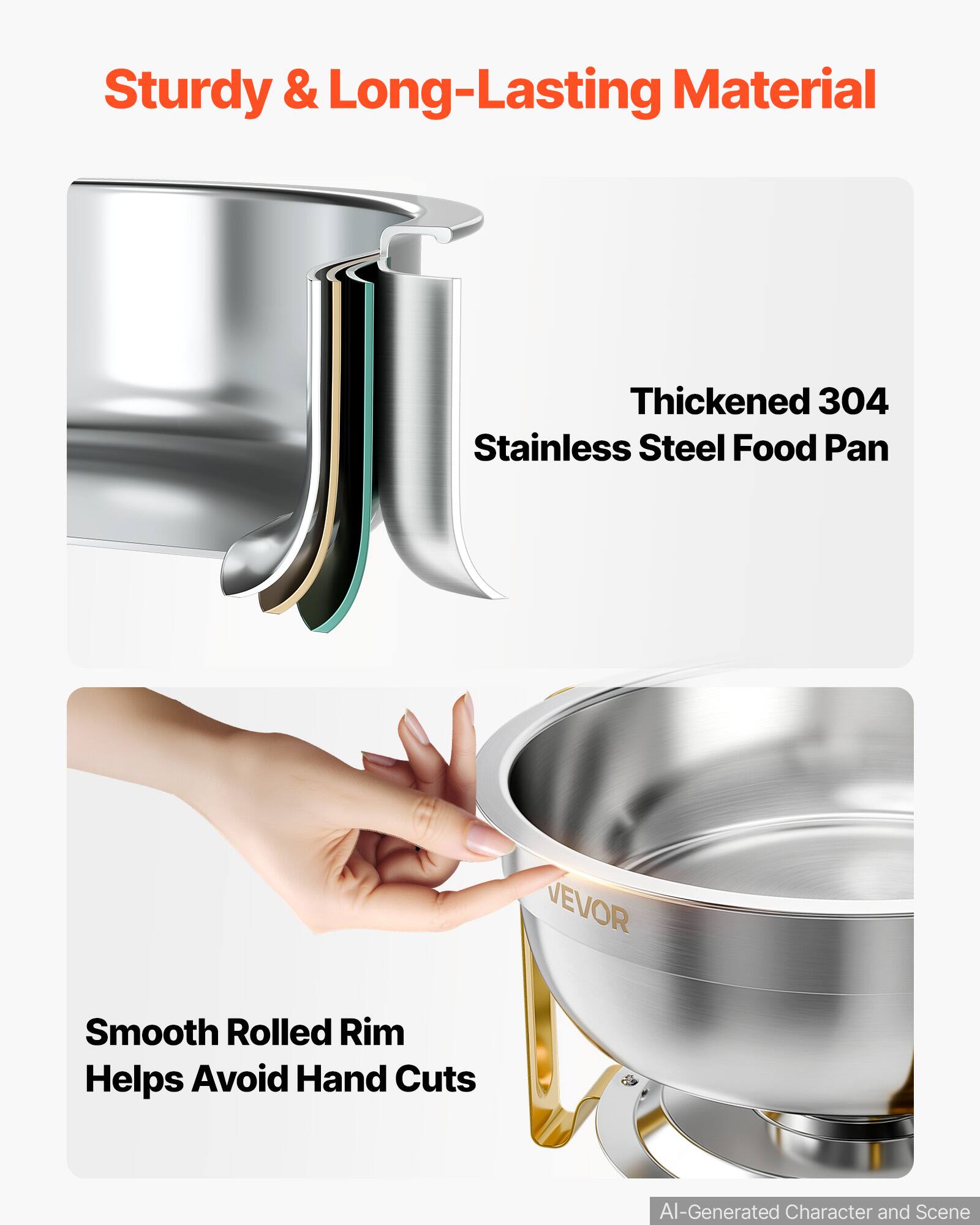 Sturdy & Long-Lasting Material

Thickened 304 Stainless Steel Food Pan

Smooth Rolled Rim Helps Avoid Hand Cuts

VEVOR

AI-Generated Character and Scene